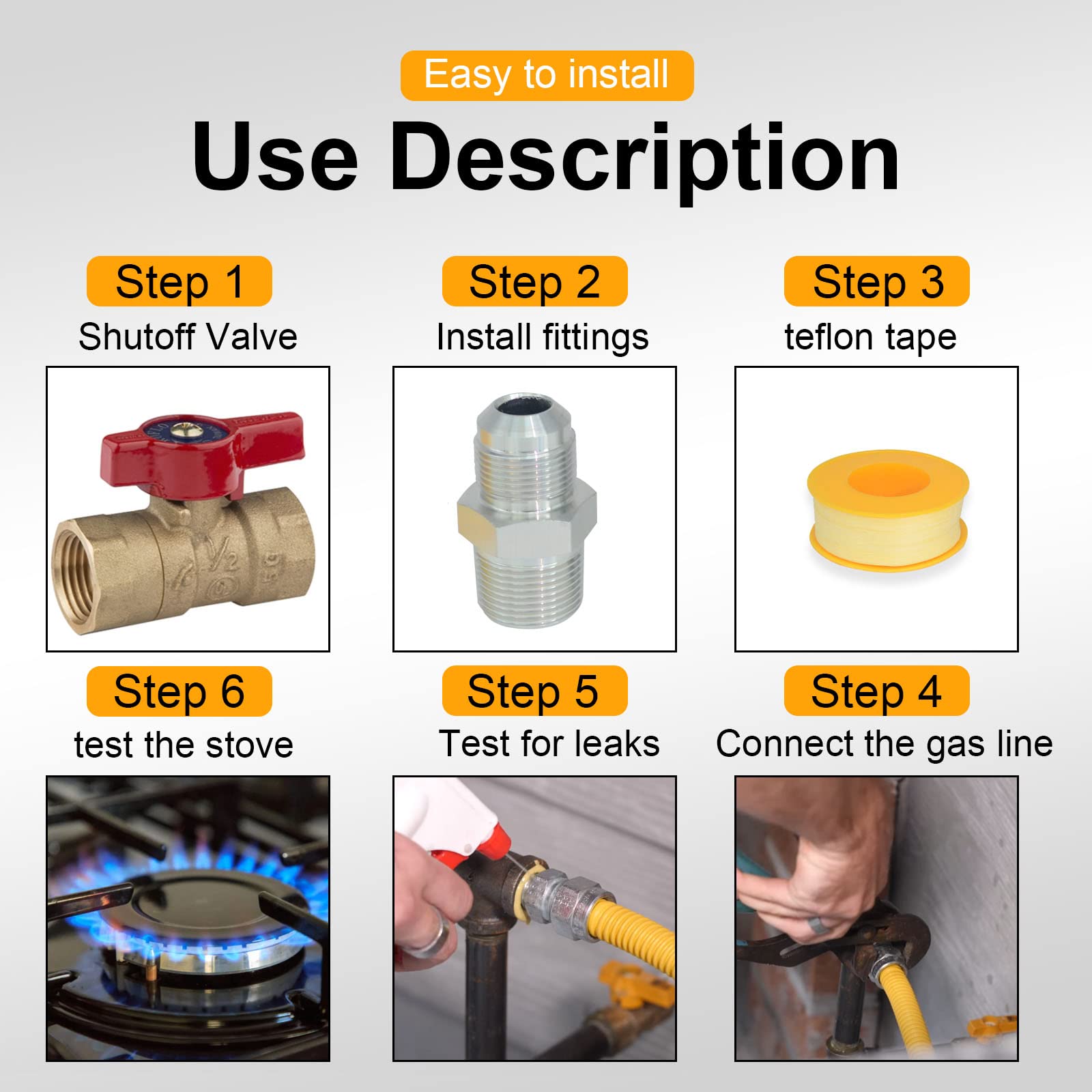 48 Inch Stainless Steel Gas Connector Kit with Yellow Coating - Flexible Gas Hose Line for Water Heater, Stove & Dryer - Safe & Durable for Home & RV Use