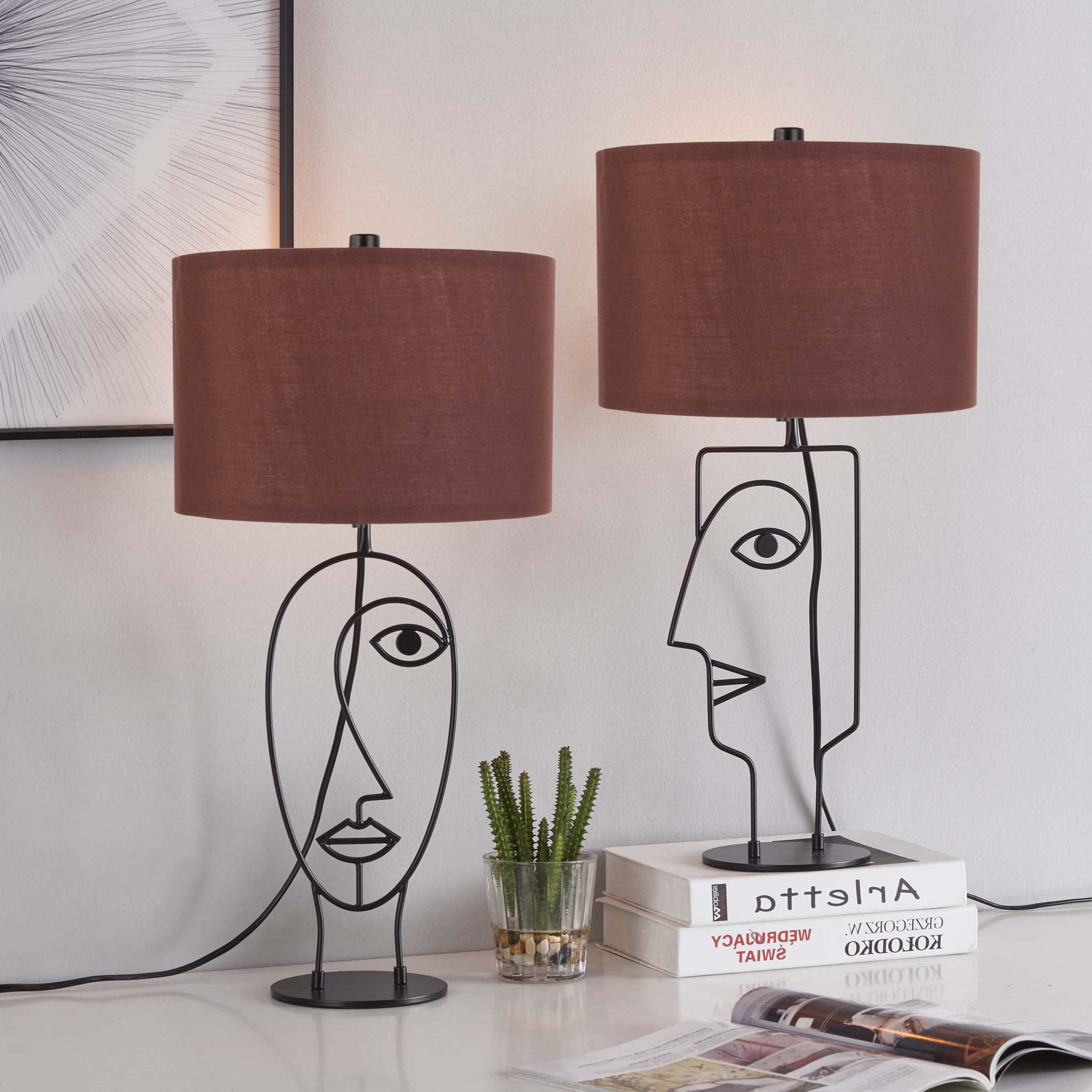 WOXXX Set of 2 Industrial Farmhouse Table Lamps - Modern Black Bedside Lamps with Brown Fabric Shades for Living Room, Bedroom, Office & Nightstand - Perfect for Reading, Working & Home Decor (2 Pack)