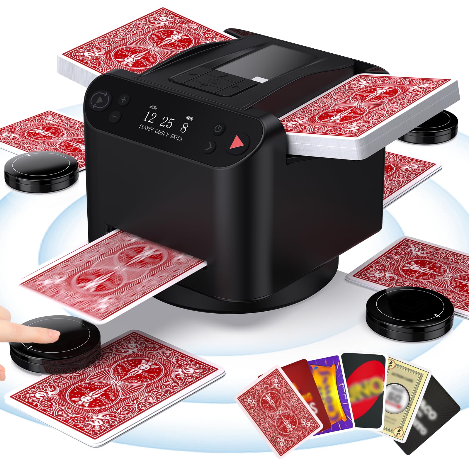 2025 Automatic Card Shuffler and Dealer 2-in-1 - 360° Rotating 2 Decks Poker Card Shuffler with 4 Wireless Remotes for 2-12 Players - Perfect for UNO, Texas Hold'em, Blackjack, Monopoly & Card Games - Ideal for Casino Nights, Game Parties & Family Gatherings