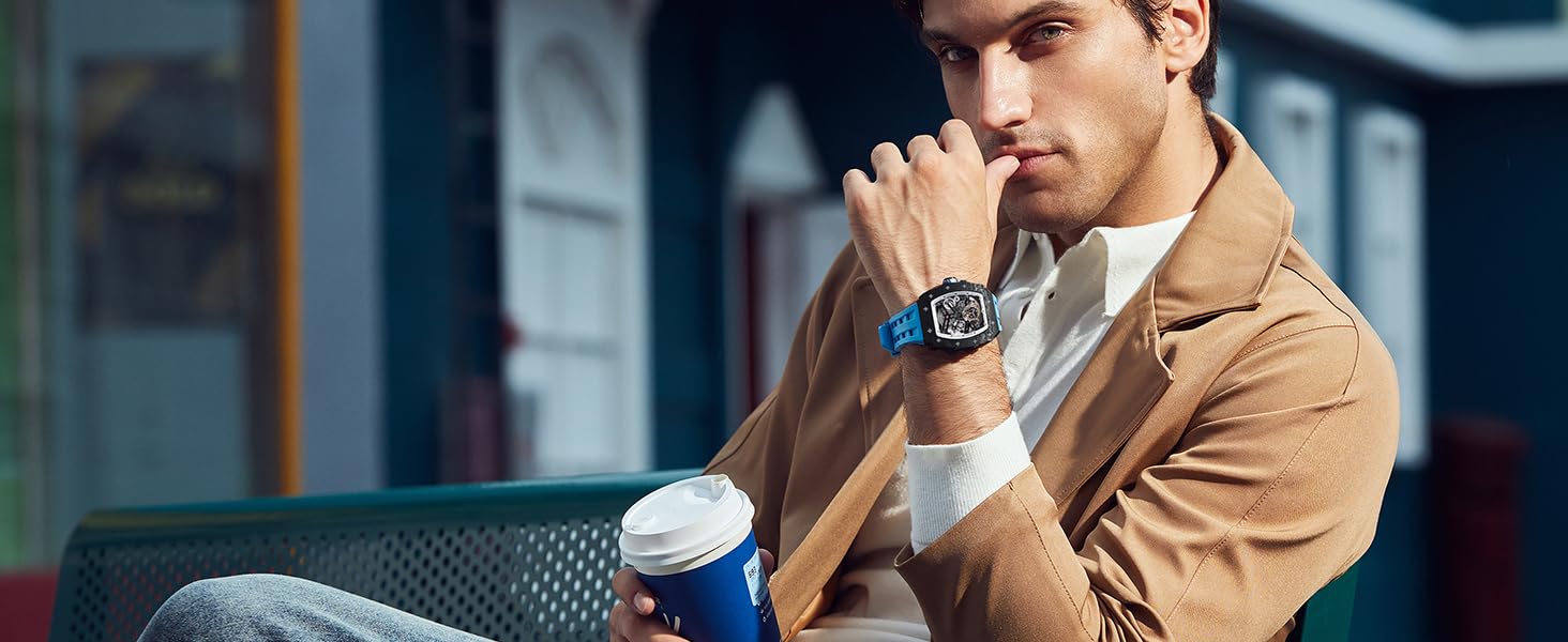 TSAR BOMBA Men's Automatic Skeleton Watch - Luxury Mechanical Tonneau Watch with 50M Waterproof, Big Square Dial & Silicone Strap - Perfect for Business, Formal Events & Everyday Wear