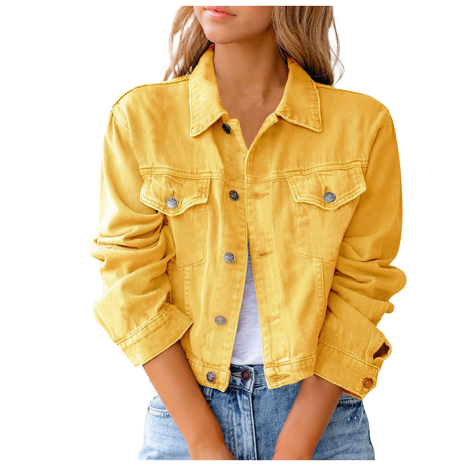 XSSFCC Women's Fashion Solid Color Denim Jacket - Button Front Casual Denim Coat for Spring & Fall | Perfect for Streetwear, Work, and Weekend Outfits