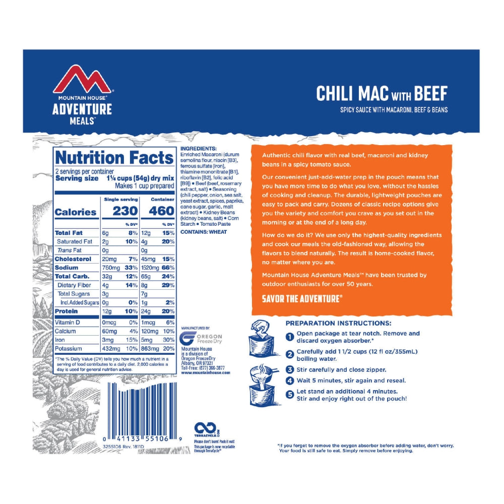 Mountain House Chili Mac with Beef - Freeze Dried Camping & Emergency Food - Ready to Eat Meal for Backpacking, Hiking & Survival Prep
