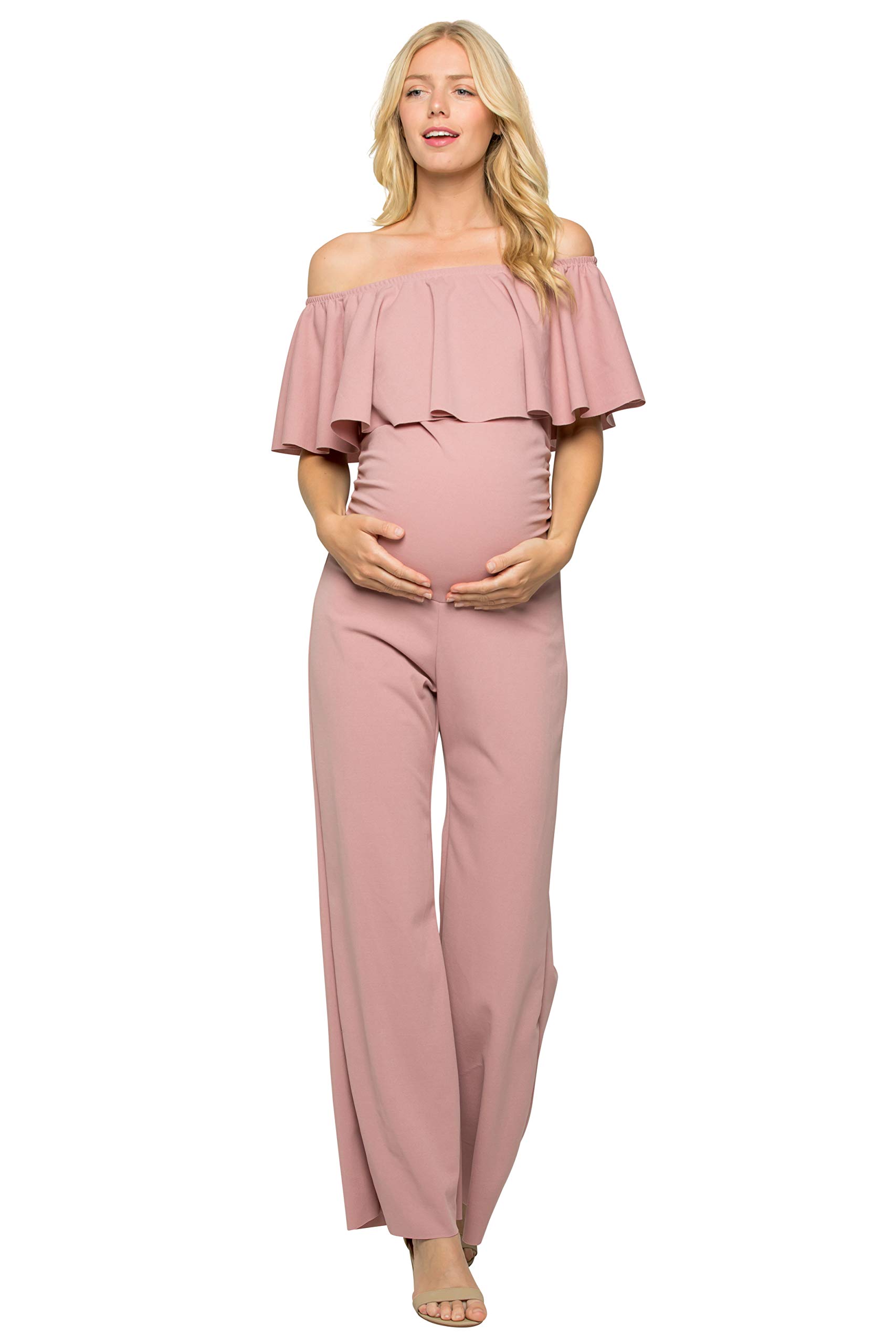 My Bump Maternity Ruffle Off Shoulder Jumpsuit - Made in USA | Stylish Pregnancy Outfit for Baby Showers, Maternity Photos & Special Occasions