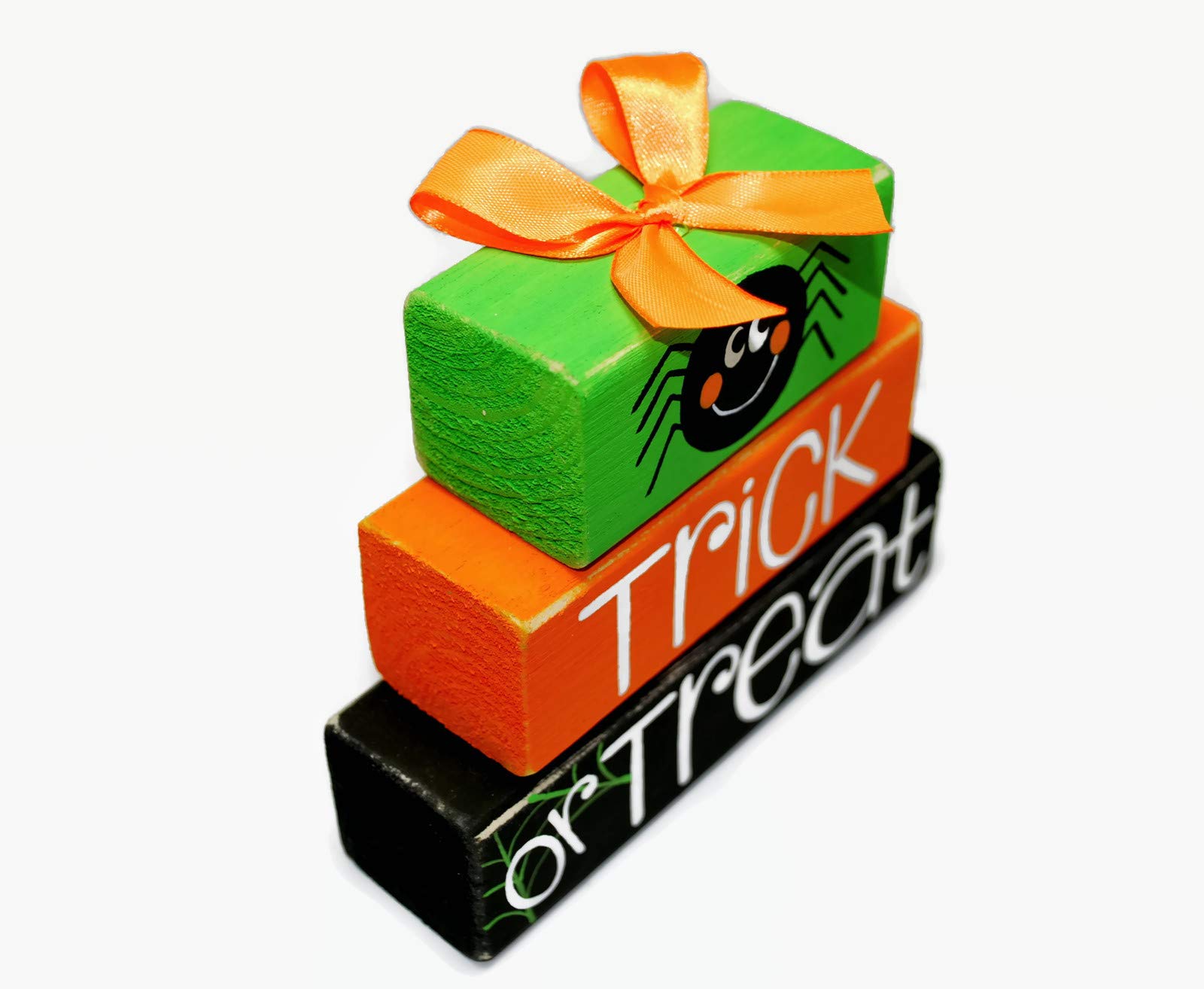 Halloween Trick or Treat Black Spider Wooden Block Shelf Sitter - Stackable Decor with Orange Web for Spooky Home & Party Decorations
