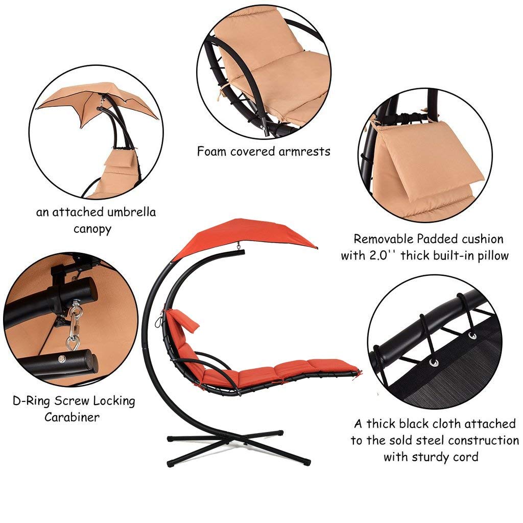 Ezone Outdoor Hanging Hammock Chair Swing - Rust-Colored Curved Chaise Lounge for Backyard, Patio, Garden & Balcony - Perfect for Relaxing, Reading & Sunbathing
