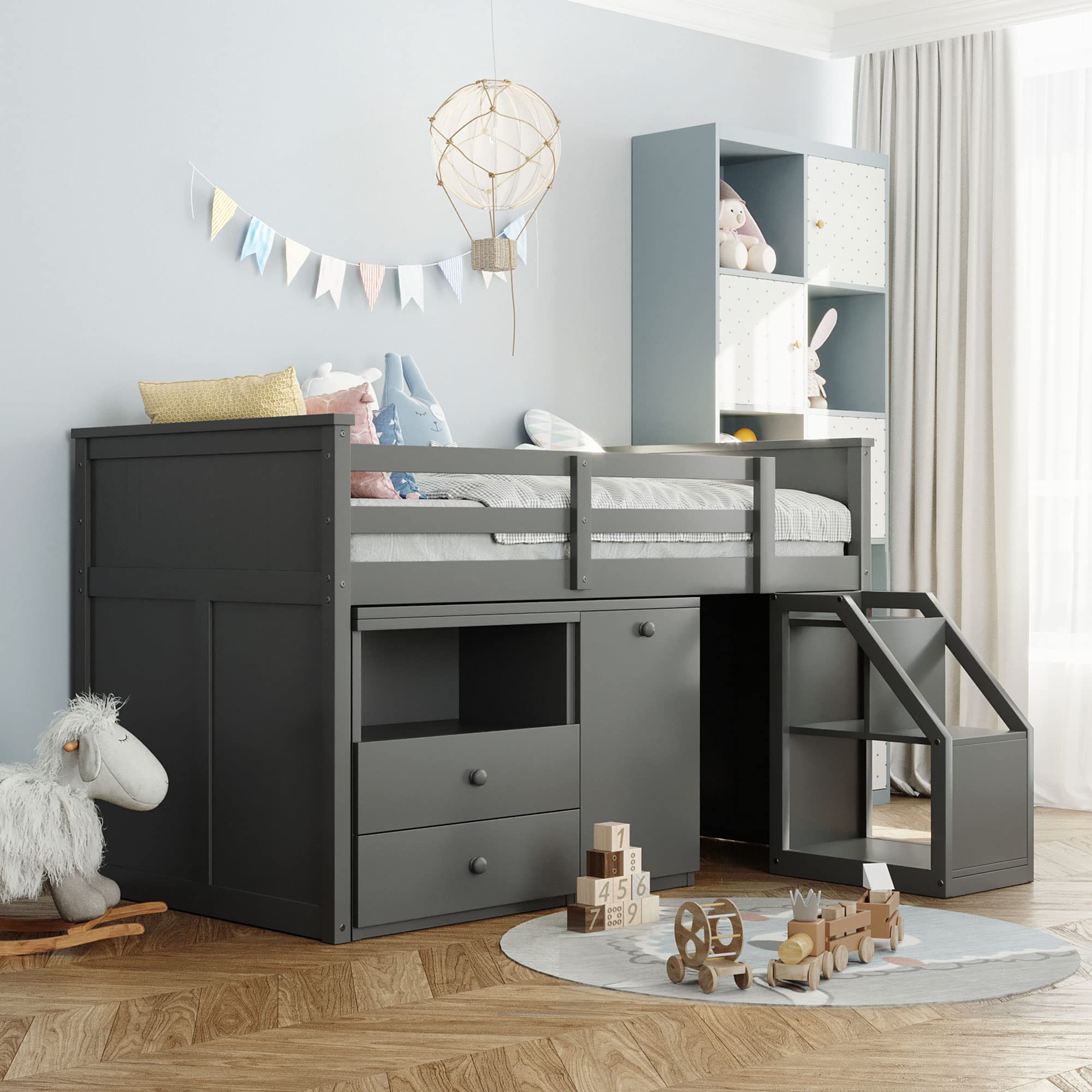 SOFTSEA Kids Loft Bed with Desk & Storage - Twin Study Bed for Small Spaces (Gray)