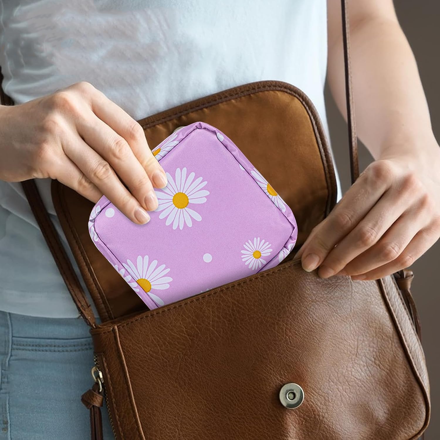 Trendy Portable Mini Sanitary Napkin Pouch - Waterproof Zippered Travel Organizer for Nursing Pads, Cosmetics & Jewelry - Perfect for Women & Girls (Daisy, Purple, Peach) - Ideal for Travel, Gym & Daily Essentials Storage