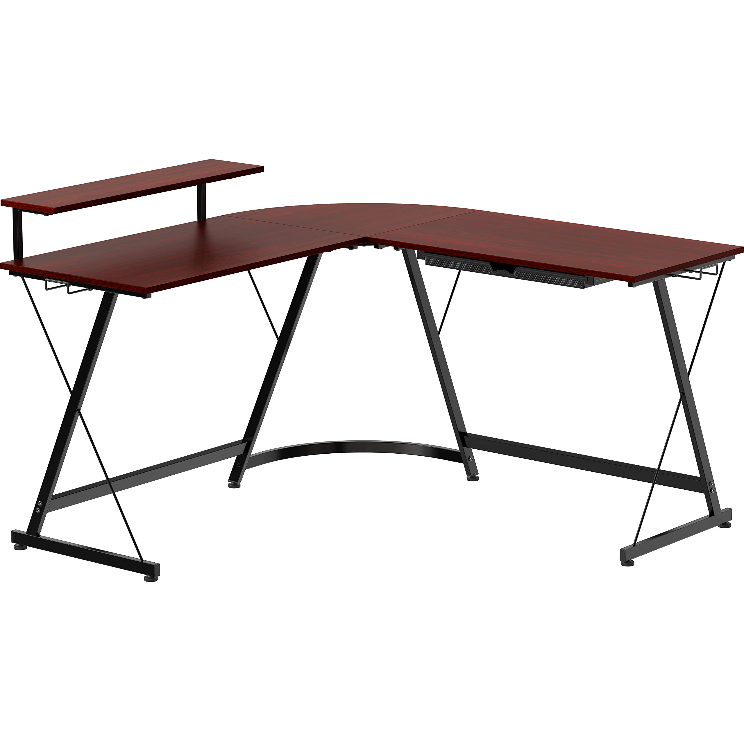 SHW Vista L-Shape Desk with Monitor Stand - Cherry Wood Computer Desk for Home Office, Gaming & Workstation - Ergonomic Corner Desk with Built-in Shelf for PC, Laptop & Dual Monitors