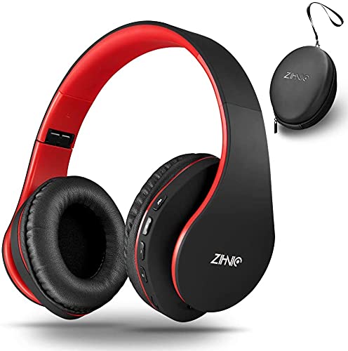 ZIHNIC Bluetooth Over-Ear Headphones Wireless/Wired with MicroSD/TF & FM, Foldable Lightweight Stereo Headset with Soft Earmuffs for Phone, PC - Perfect for Travel, Workouts & Long Listening Sessions (Red)