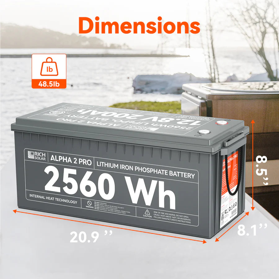 Rich Solar ALPHA 2 PRO 12V 200Ah LiFePO4 Lithium Iron Phosphate Deep Cycle Battery - Perfect for Solar Power Systems, RVs, Marine Applications & Off-Grid Energy Storage