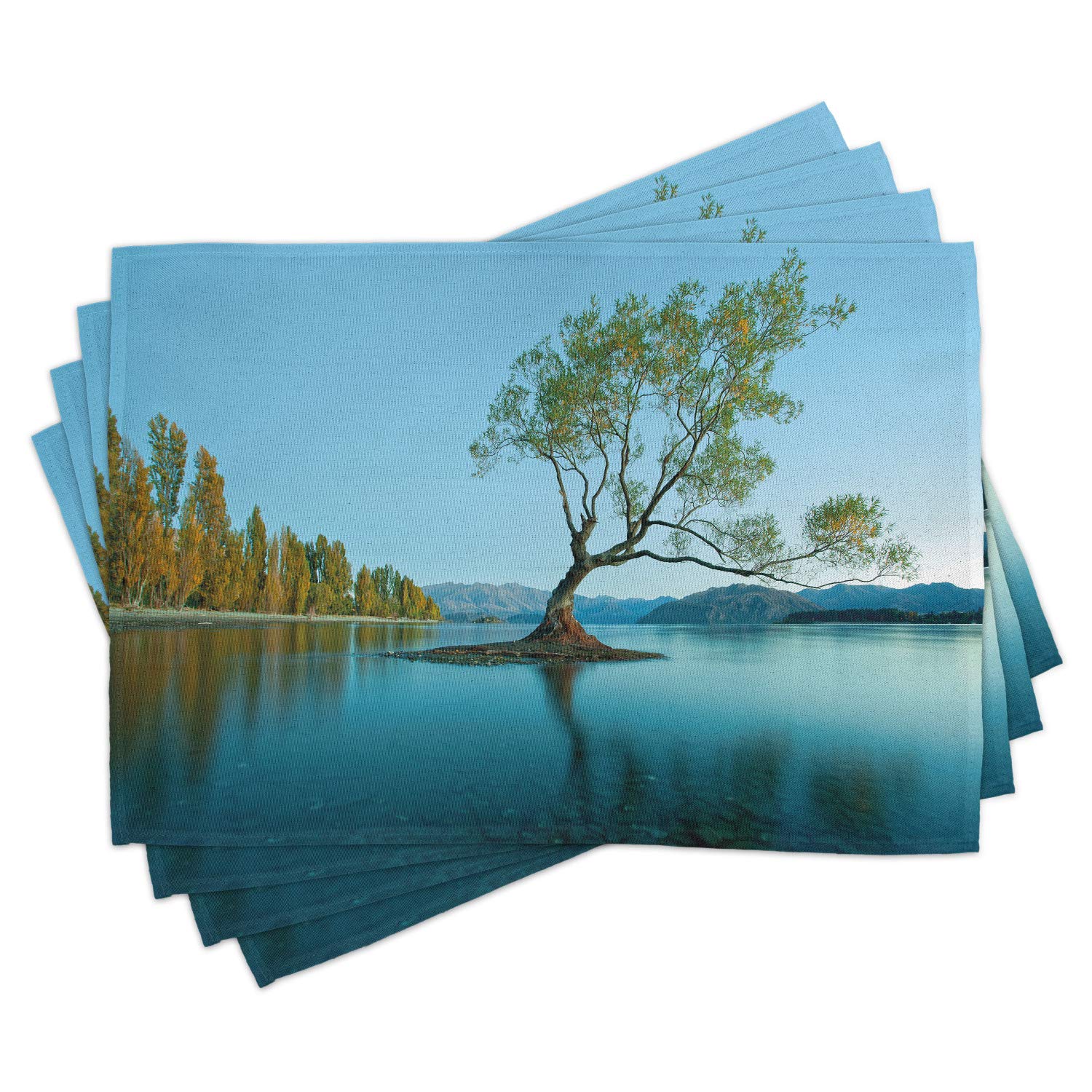 Ambesonne 4-Piece Nature Placemats Set - Spring Lake Tree Surreal Photo Print, Washable Fabric Table Mats for Dining Room & Kitchen Decor in Teal Fern Green | Perfect for Dinner Parties, Holiday Gatherings & Everyday Use