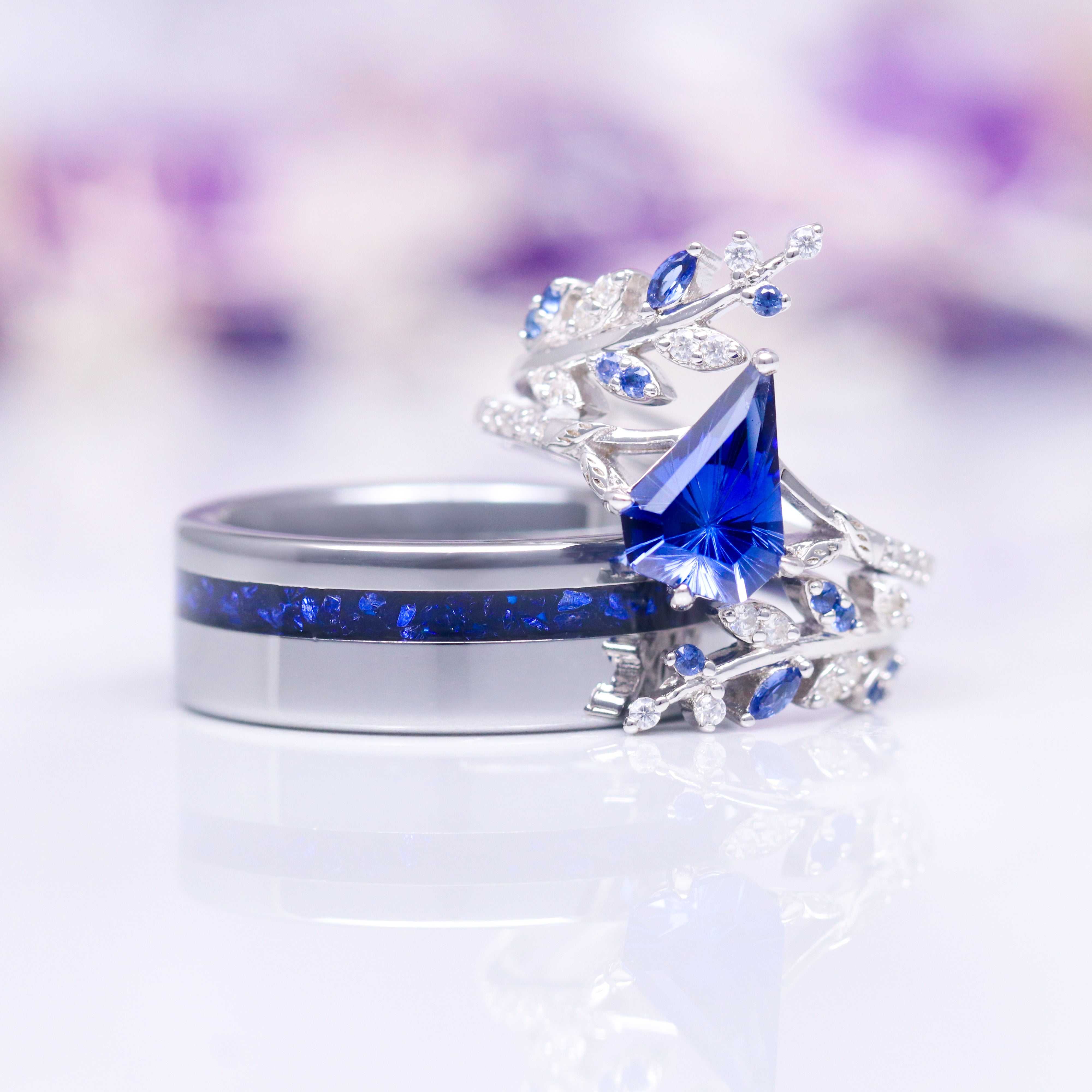 Fantasy Shield Cut Sapphire Leaf Couples Ring - Elegant Matching Wedding Bands for Him & Her, Perfect for Anniversaries, Engagements and Romantic Gifts