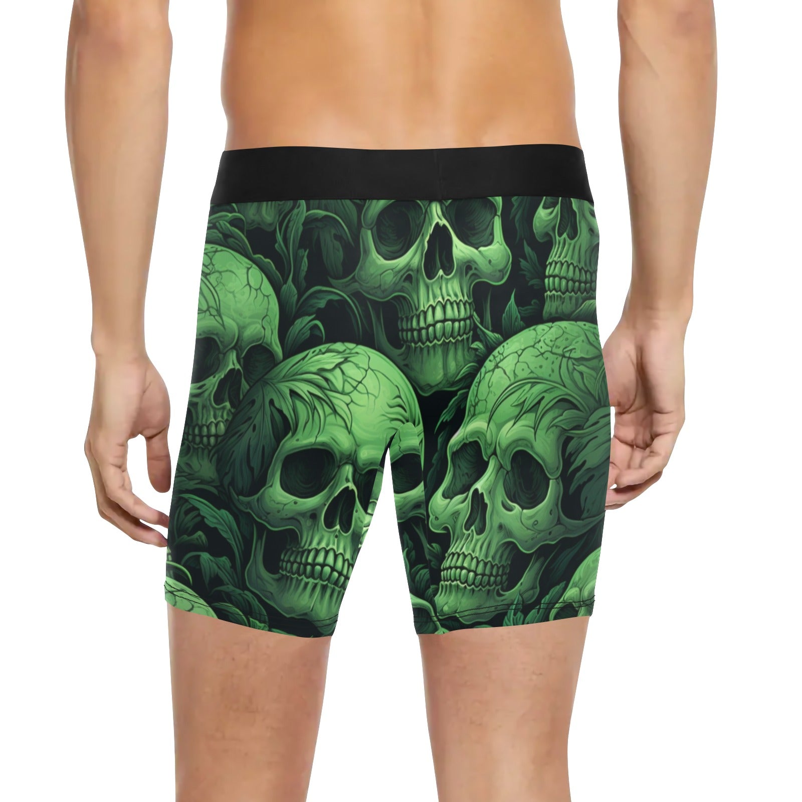 Stylish Green Skull Print Long Leg Boxer Shorts for Men - Comfortable & Trendy Underwear for Casual Wear, Lounging, and Sleep