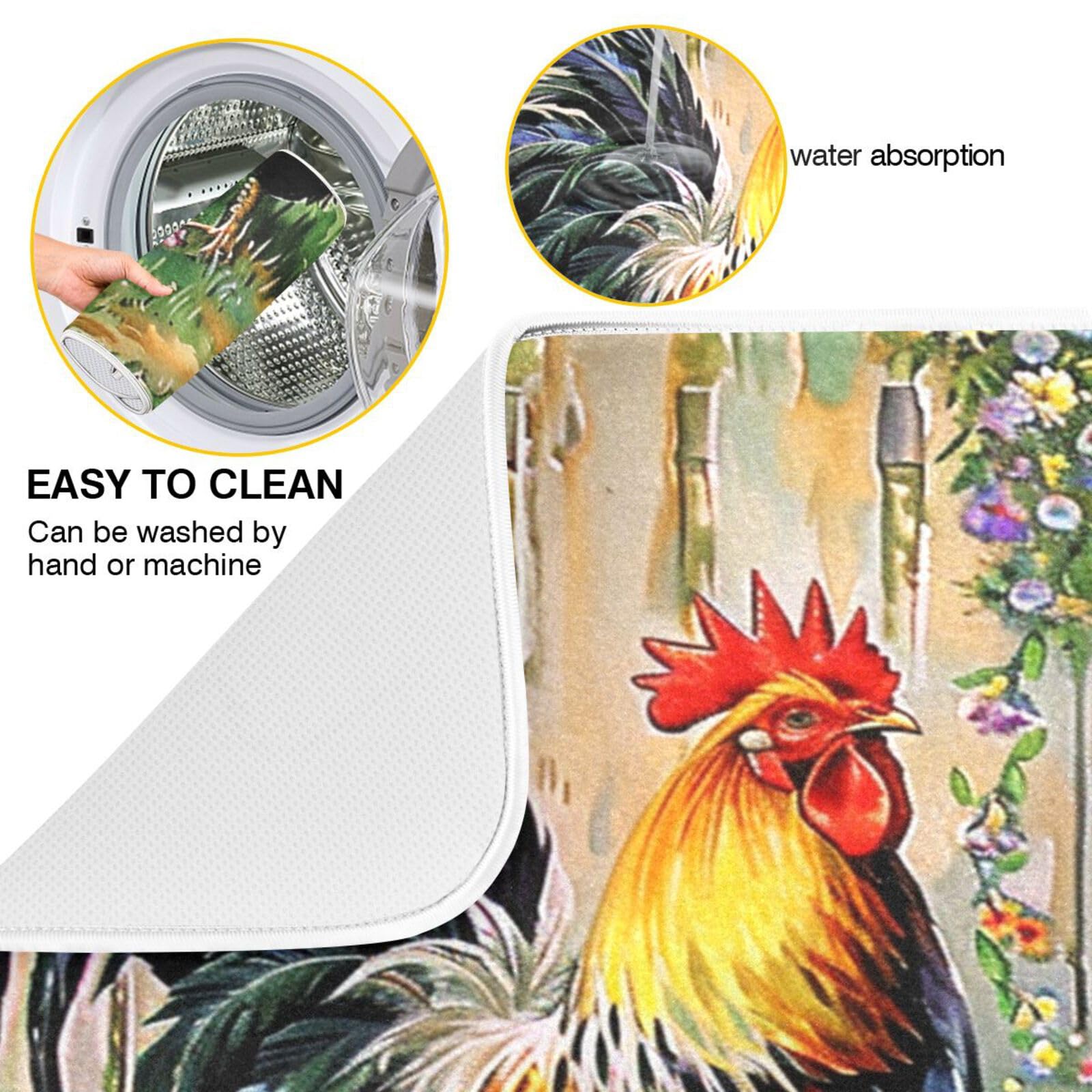 Rooster Floral Dish Drying Mat 16x18 Inch - Absorbent Microfiber Kitchen Counter Protector for Dishes, Utensils & Cookware - Farmhouse Decor for Countertops, Sink Areas & Dining Tables