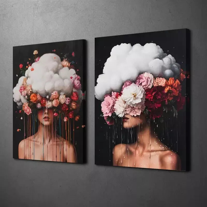 2-Piece Surreal Floral Woman & Vibrant Pink Red Flowers Framed Canvas Wall Art - 50x75cm High Quality Print | 100% Australian Made | Ready to Hang | Perfect for Living Room, Bedroom & Office Decor