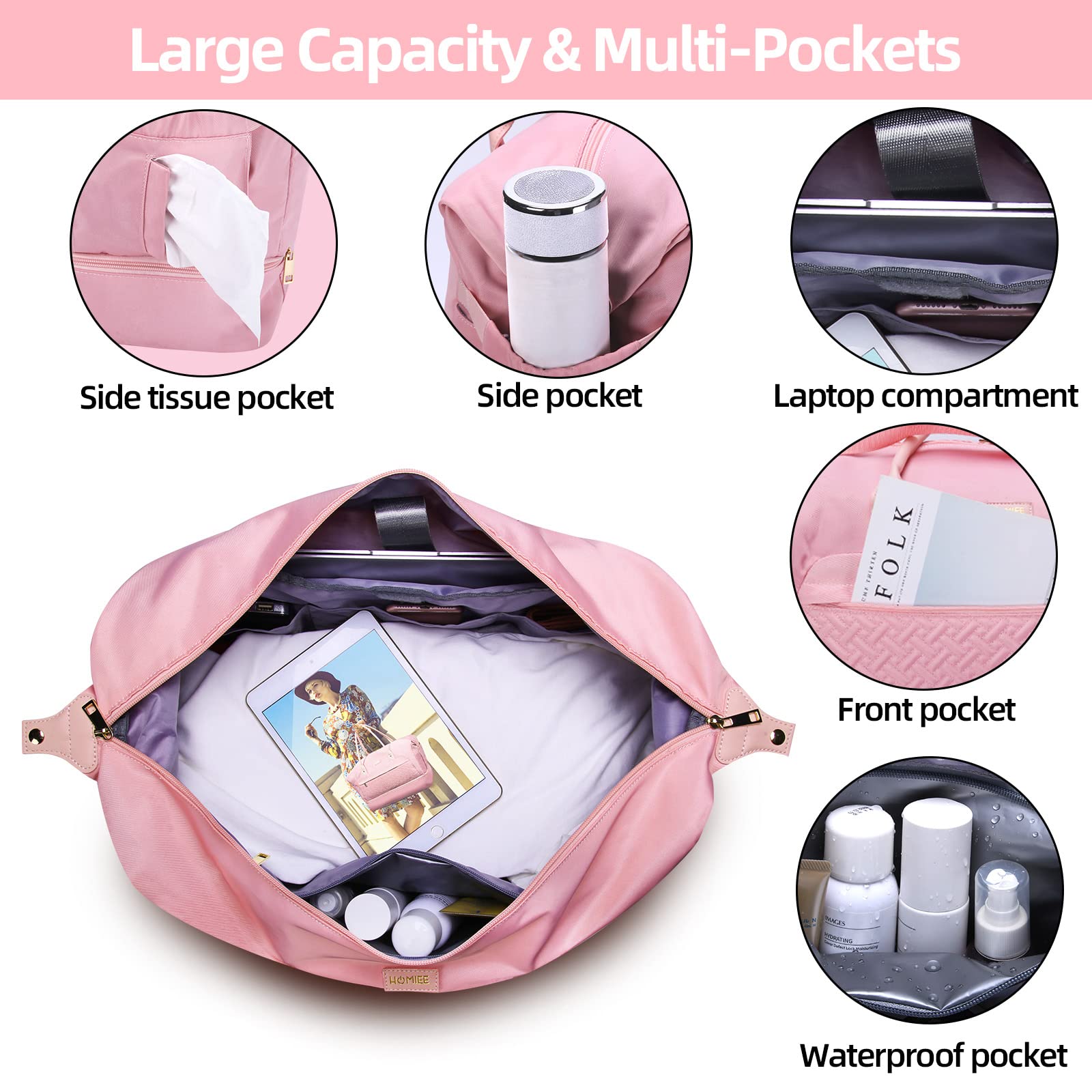 HOMIEE 45L Large Travel Duffle Bag for Women - Waterproof Carry On Weekender Bag with Shoe Compartment & Toiletry Bag - Pink (Perfect for Gym, Weekend Trips & Airplane Travel)
