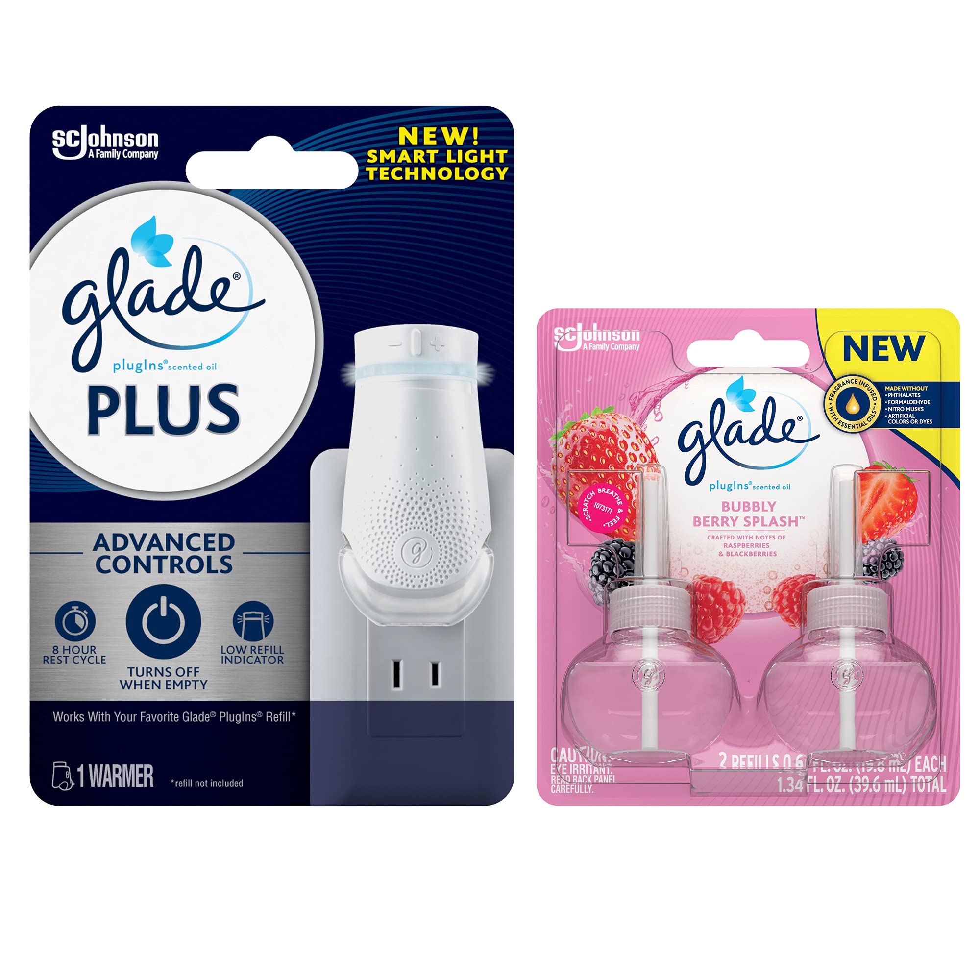 Glade PlugIn Plus Air Freshener Starter Kit - Berry Splash Scented Oil Refills with Warmer for Home, Bathroom & Office | Long-Lasting Fragrance for Fresher Indoor Air | Perfect for Living Rooms, Bedrooms & Small Spaces