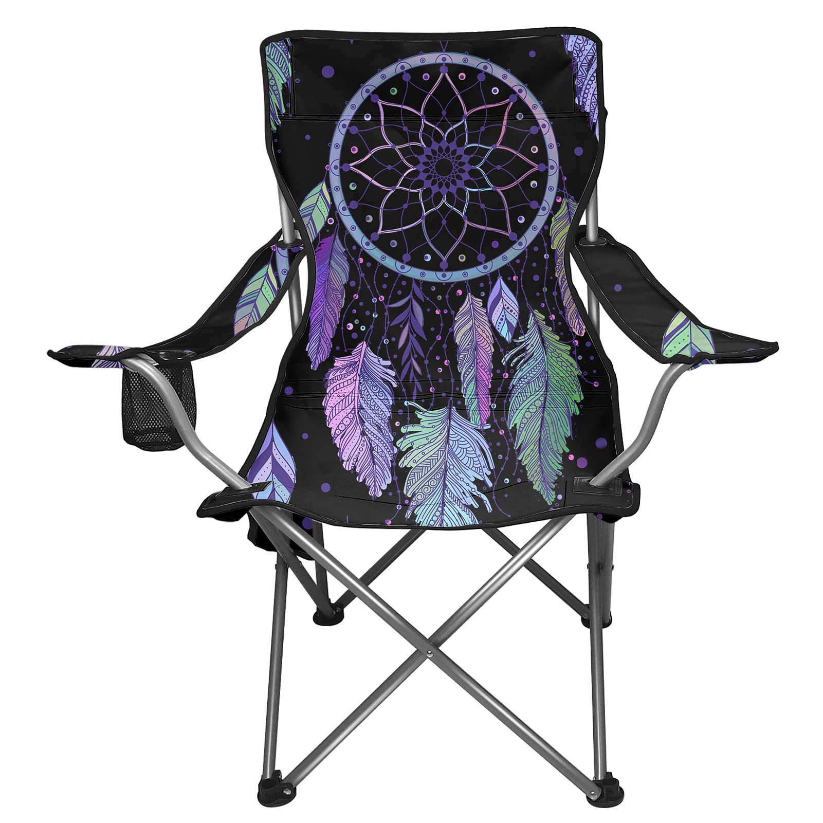 **XYZCANDO Dreamcatcher Pattern Folding Beach Chair with 2 Side Pockets & Cup Holder – Portable for Fishing, Beach, Camping, Picnics & Outdoor Relaxation**
