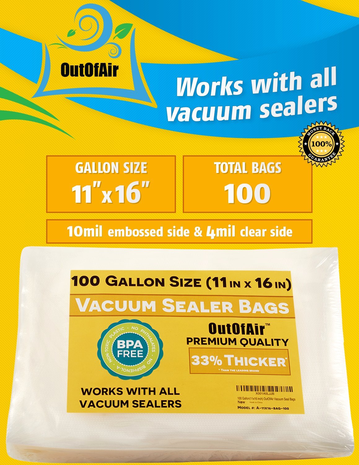 OutOfAir 100 Pack Gallon Vacuum Sealer Bags (11