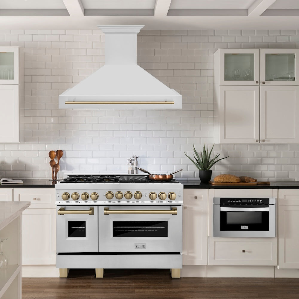 ZLINE Autograph Edition 48-inch Stainless Steel Dual Fuel Range & Range Hood Kitchen Package with Champagne Bronze Accents (2AKP RARH48 CB) - Perfect for Modern Kitchens & Professional Chefs