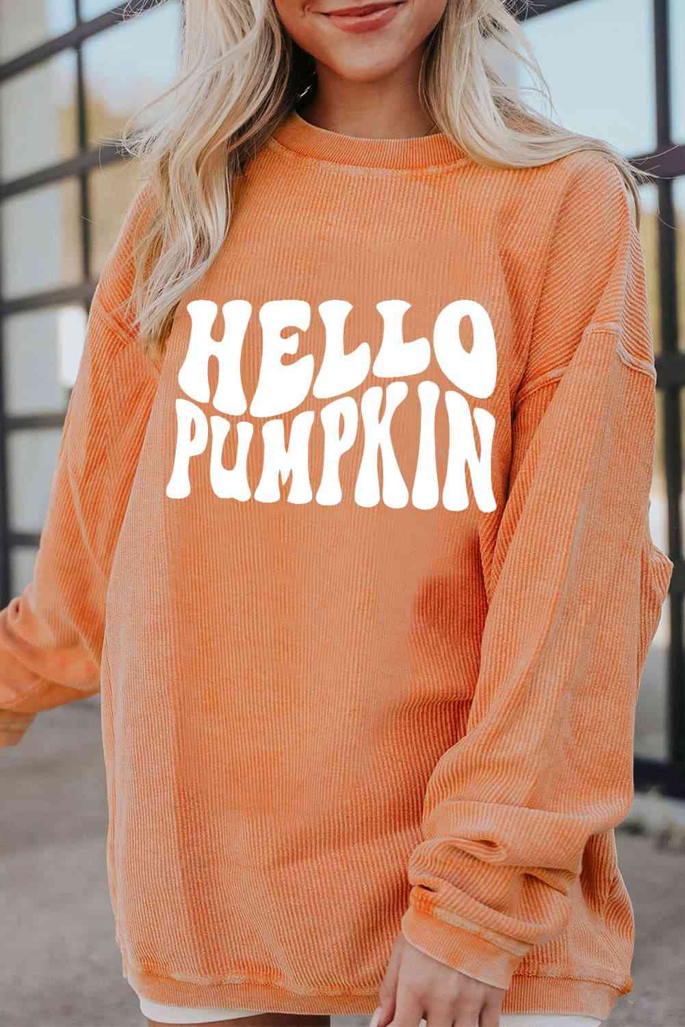 Hello Pumpkin Graphic Sweatshirt - Round Neck Drop Shoulder Pullover for Women | Cozy Fall Fashion, Halloween Outfit & Casual Streetwear