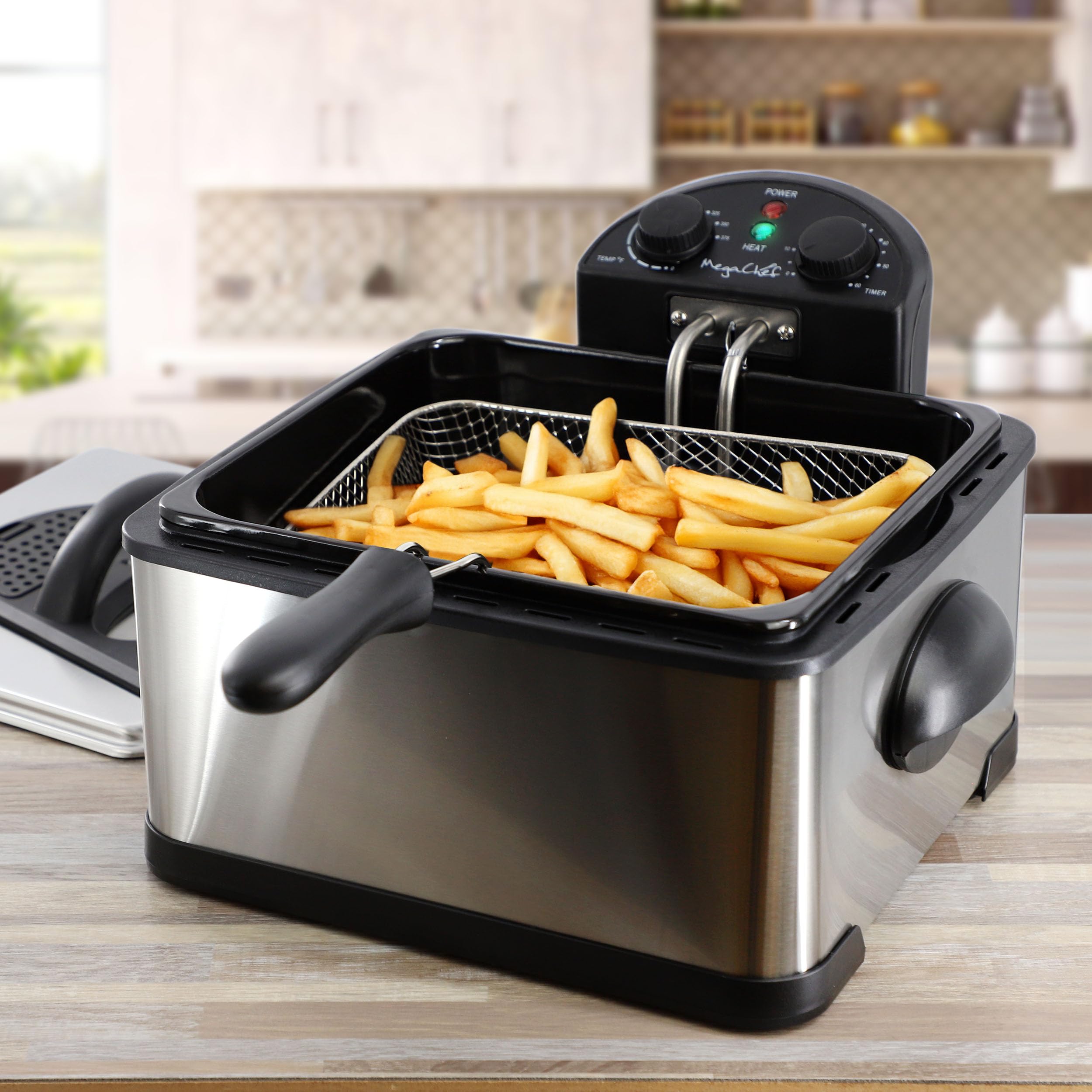 MegaChef 4.23 Quart Electric Deep Fryer with Adjustable Temperature Control & Timer - Perfect for Home Kitchen, Restaurants, and Party Cooking