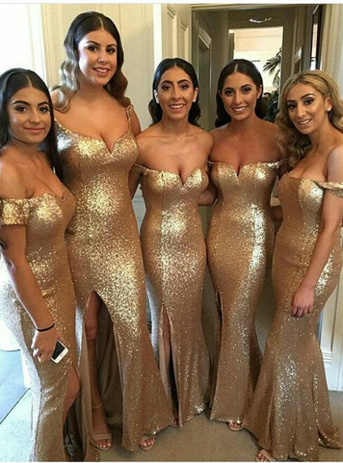 Elegant Gold Sequin Off-the-Shoulder Mermaid Bridesmaid Dress with High Slit - Perfect for Weddings, Prom, Evening Parties & Special Occasions