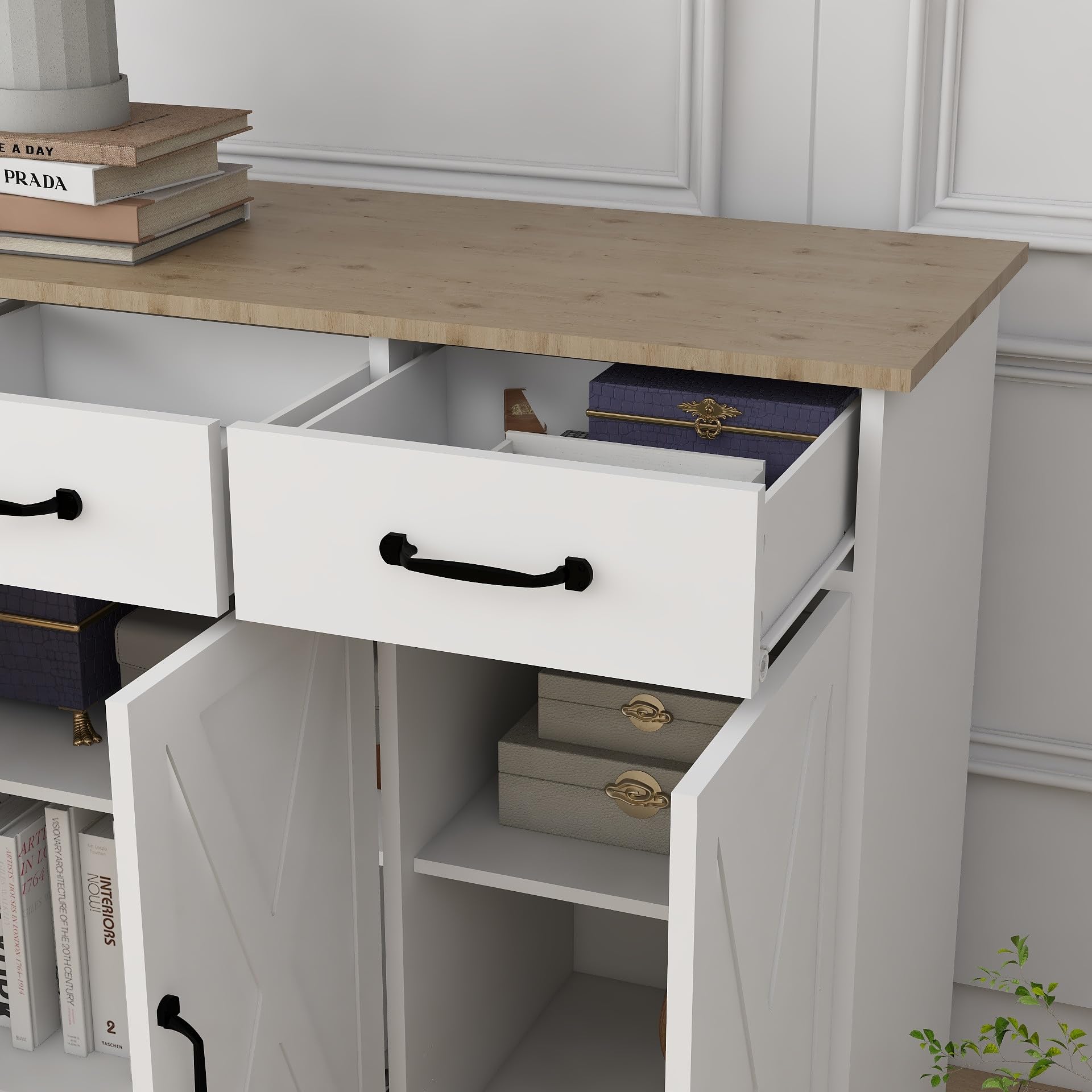 RASOO White 3-Door Sideboard Buffet Cabinet with 3 Drawers - Farmhouse Style Kitchen Storage Cabinet with Cross Doors for Dining Room, Living Room & Home Decor - Perfect for Entertaining Guests & Organizing Dishes