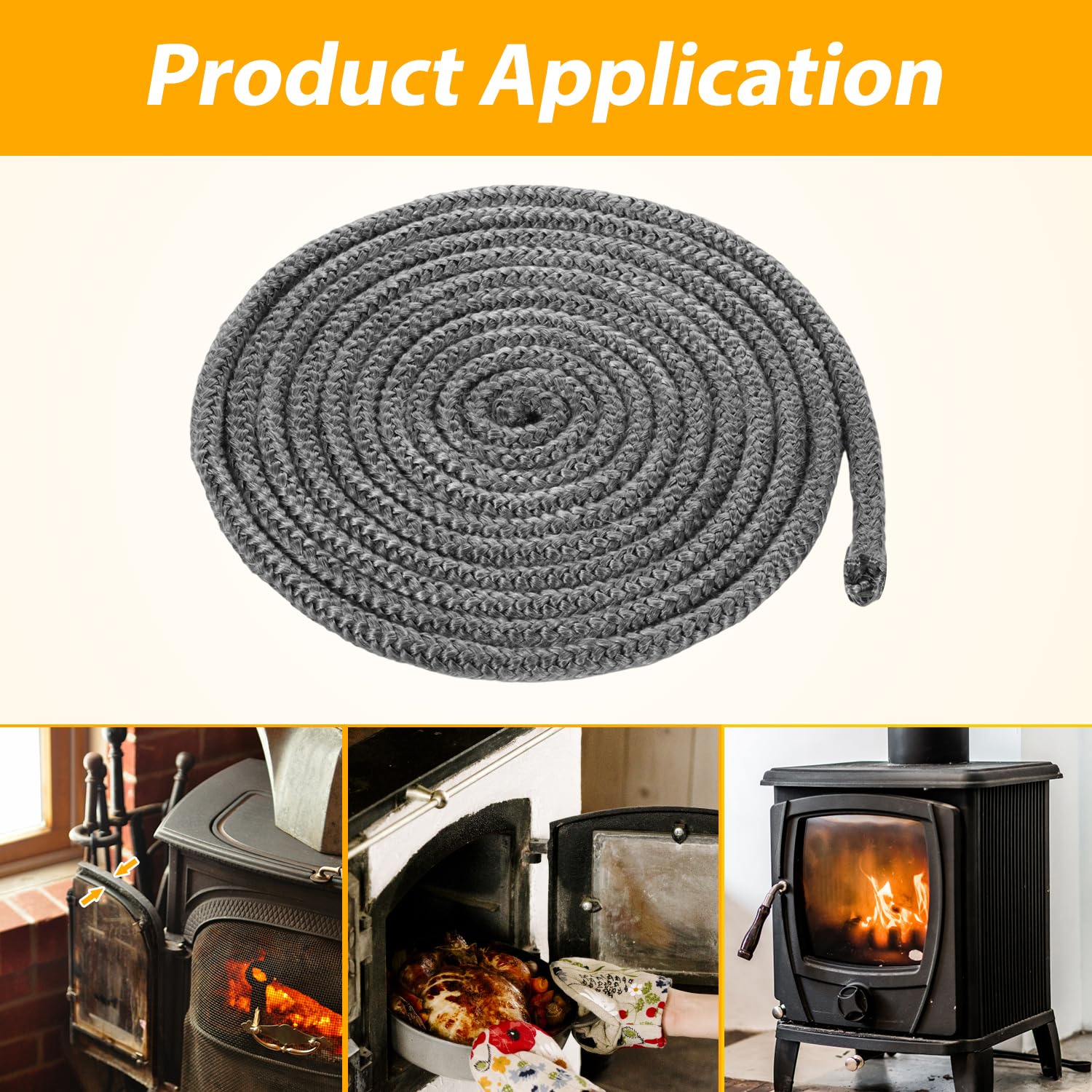 High-Temperature Fireplace Seal Rope - 6.56Ft x 0.31Inch Fiberglass Gasket Replacement for Wood Stove & Fireplace Doors (Gray) - Perfect for Wood Burning Stoves, Fireplace Insulation & Door Sealing