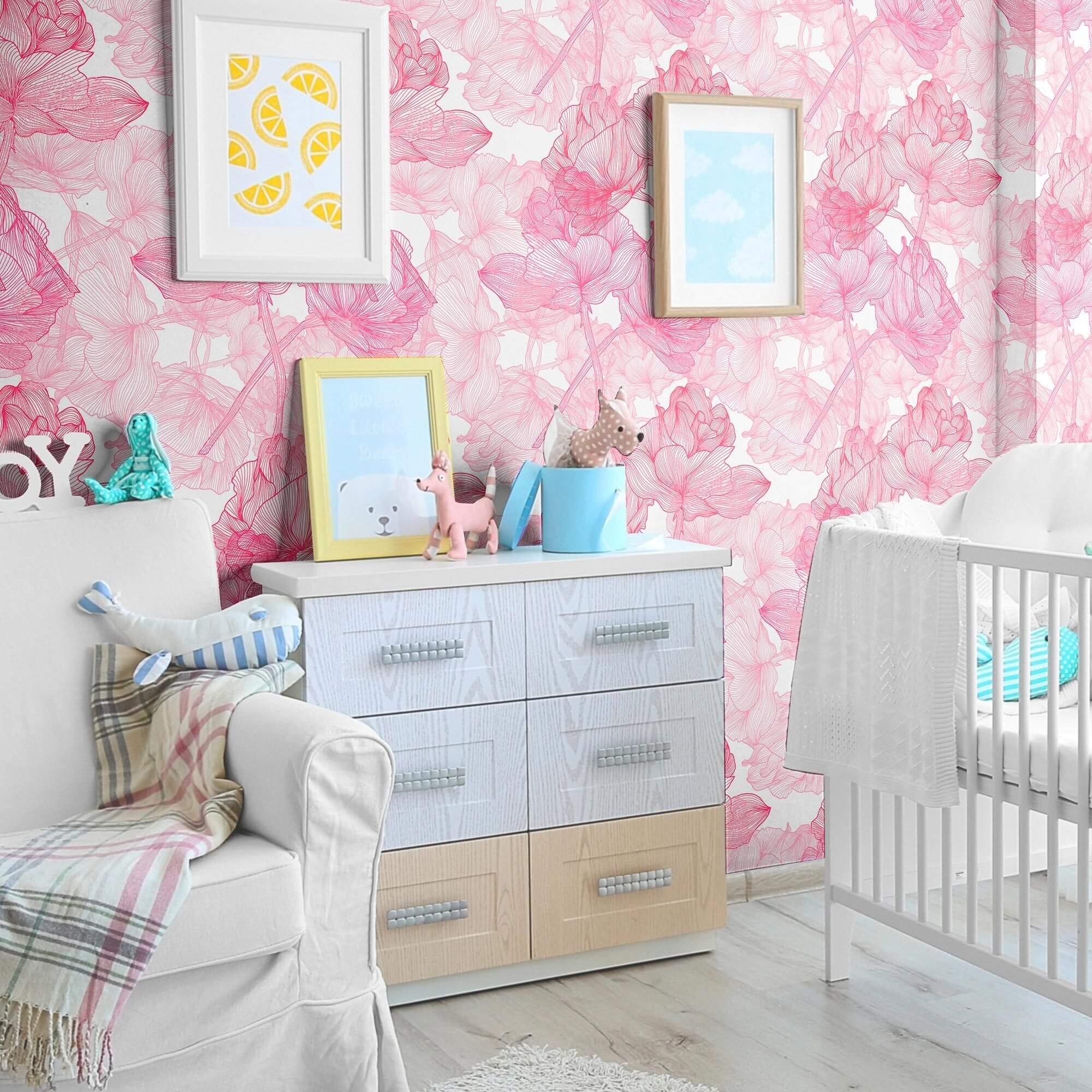 Pink and White Floral Peel and Stick Removable Wallpaper - Self-Adhesive Wall Decal for Bedroom, Nursery, Living Room Home Decor