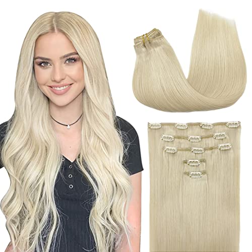 MAXITA 16 Inch Platinum Blonde Clip-in Human Hair Extensions - 5pcs 75g Natural Straight Real Human Hair for Daily Styling & Special Occasions