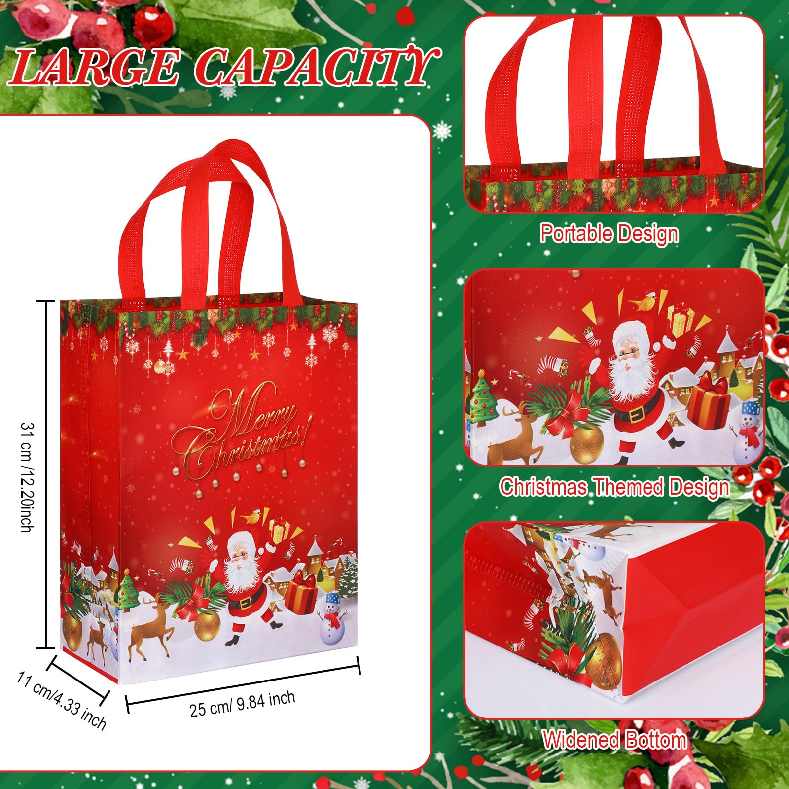 60 Pack Christmas Gift Bags Bulk - Reusable Holiday Tote Bags with Handles for Xmas Treats, Party Favors & Shopping - Non-Woven Festive Gift Bags for Christmas, Holidays & Special Occasions