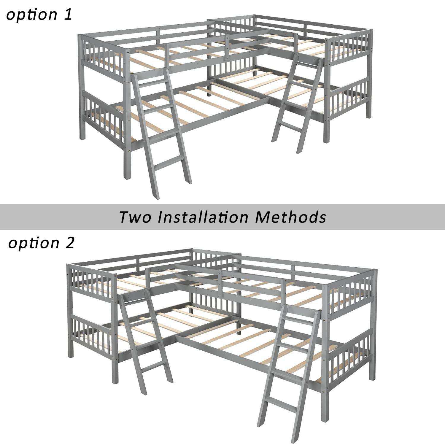 Harper & Bright Designs L-Shaped Quad Bunk Bed for 4 - Twin Size Wooden Bunk Bed Frame for Kids, Teens & Adults - Space-Saving Gray Bedroom Furniture for Small Rooms, Dorms & Vacation Homes