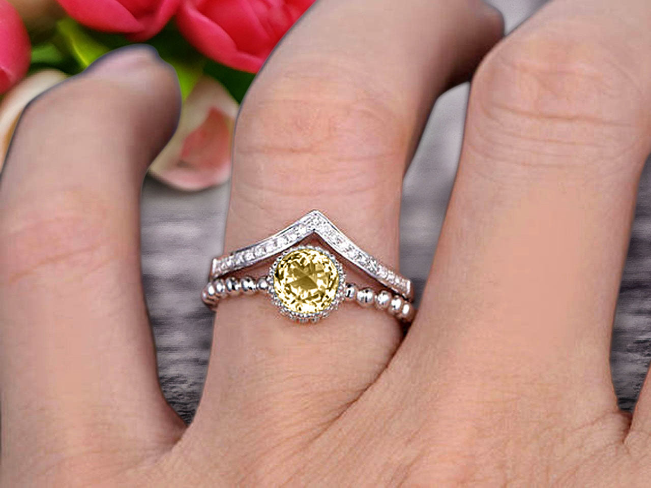 1.50 Carat Round Cut Champagne Diamond Moissanite Engagement Ring with V-Shaped Wedding Band - 10k White Gold Art Deco Bridal Set for Women, Anniversary Gift for Her, Perfect for Proposals, Weddings & Special Occasions
