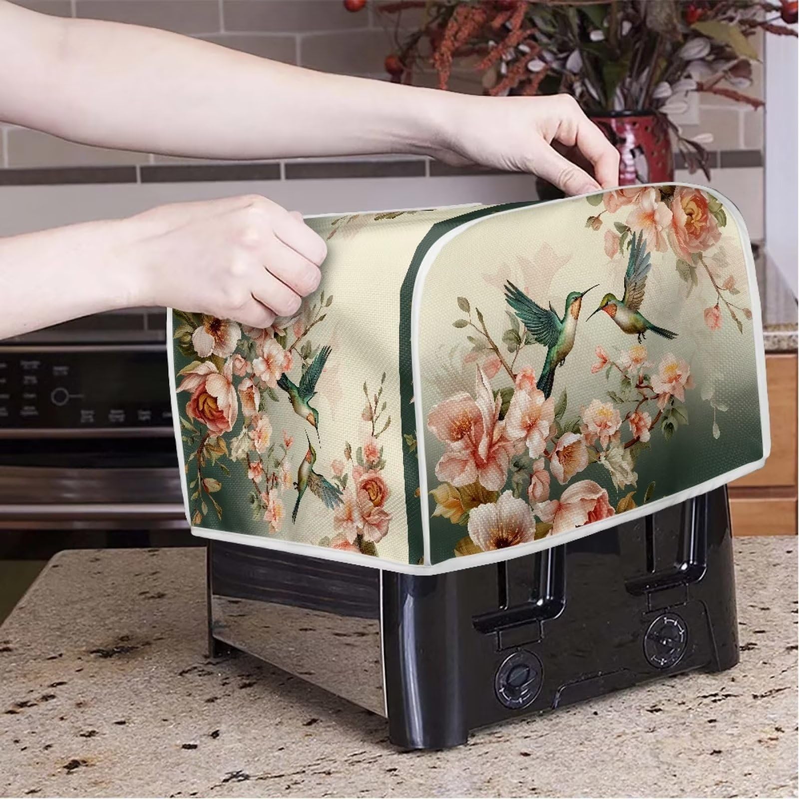 Hummingbird Floral Print 4-Slice Toaster Cover - Dust Protection Washable Kitchen Appliance Cover for Toaster Oven & Bread Maker - Decorative & Practical Kitchen Accessory with Handle (Perfect for Country Style Kitchens & Breakfast Nooks)