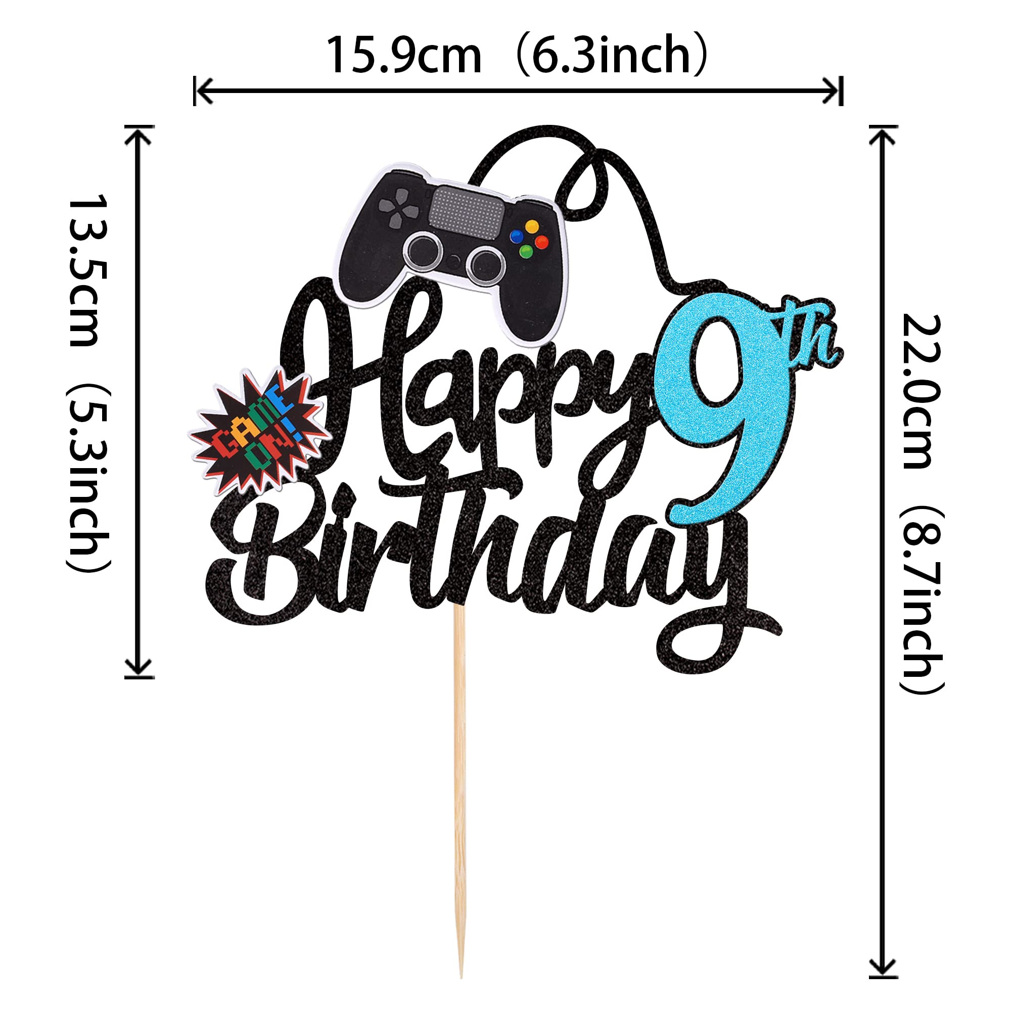 1 PCS Video Game Happy 9th Birthday Cake Topper - Glitter Game Controller Cake Pick - Nine Cheers to 9 Years Cake Decoration - Blue Birthday Party Supplies for Kids Gaming Theme Celebration | Perfect for Birthday Cakes, Cupcakes & Party Decorations