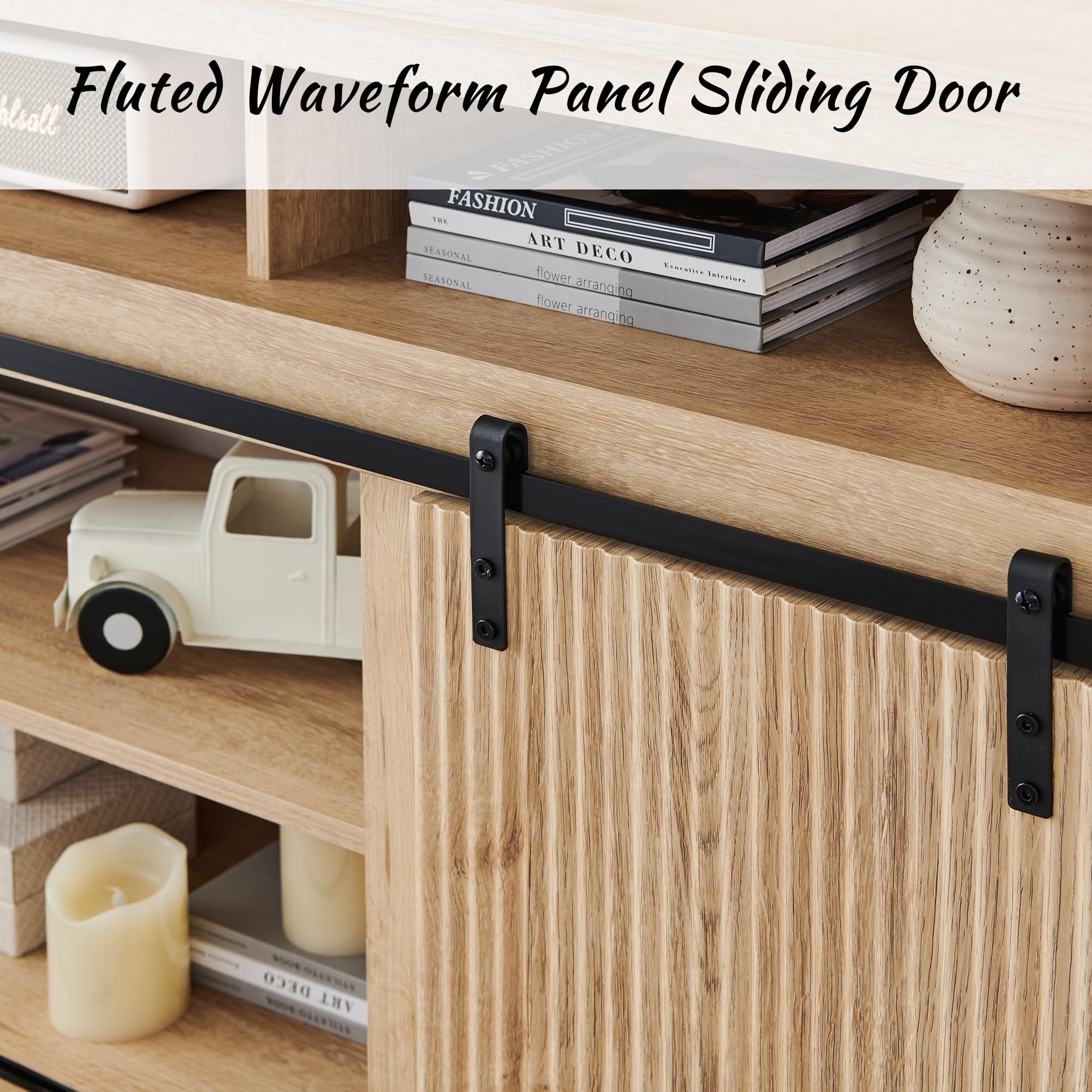 Fluted Fireplace TV Stand for 75 Inch TVs - Modern Entertainment Center with Waveform Panel Sliding Doors & Adjustable Shelves - Media Console for Living Room, Bedroom, Home Theater (Natural Wood Finish)