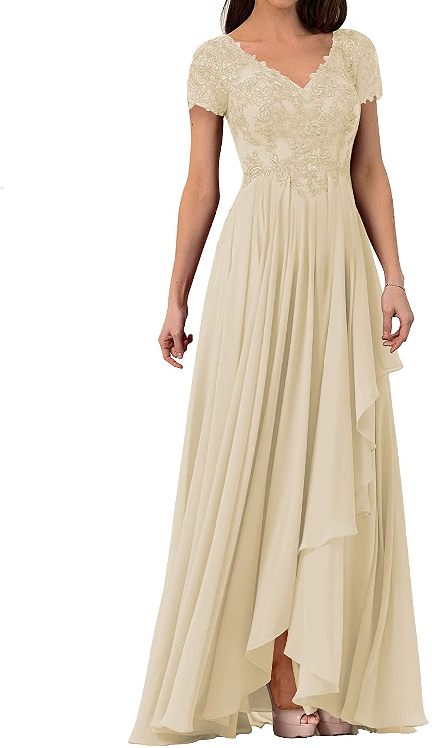 Elegant V-Neck Lace Mother of The Bride Dress - Chiffon Formal Evening Gown in Champagne for Wedding Guest & Special Occasions | Perfect for Weddings, Receptions & Formal Events