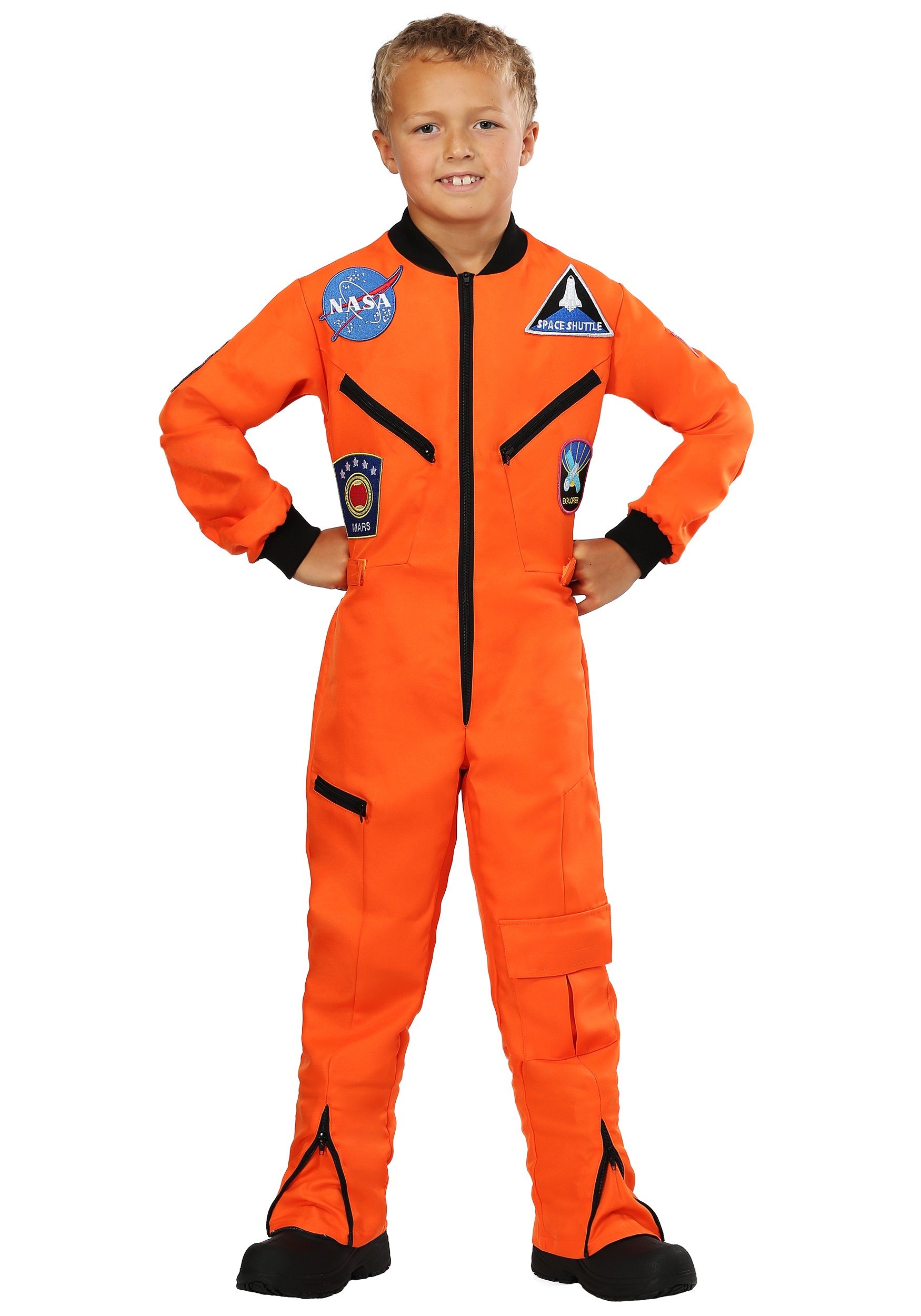Orange Astronaut Jumpsuit Kids Costume - Polyester Space Suit with Embroidered NASA Patches | Halloween Dress Up, Cosplay & Birthday Party Outfit