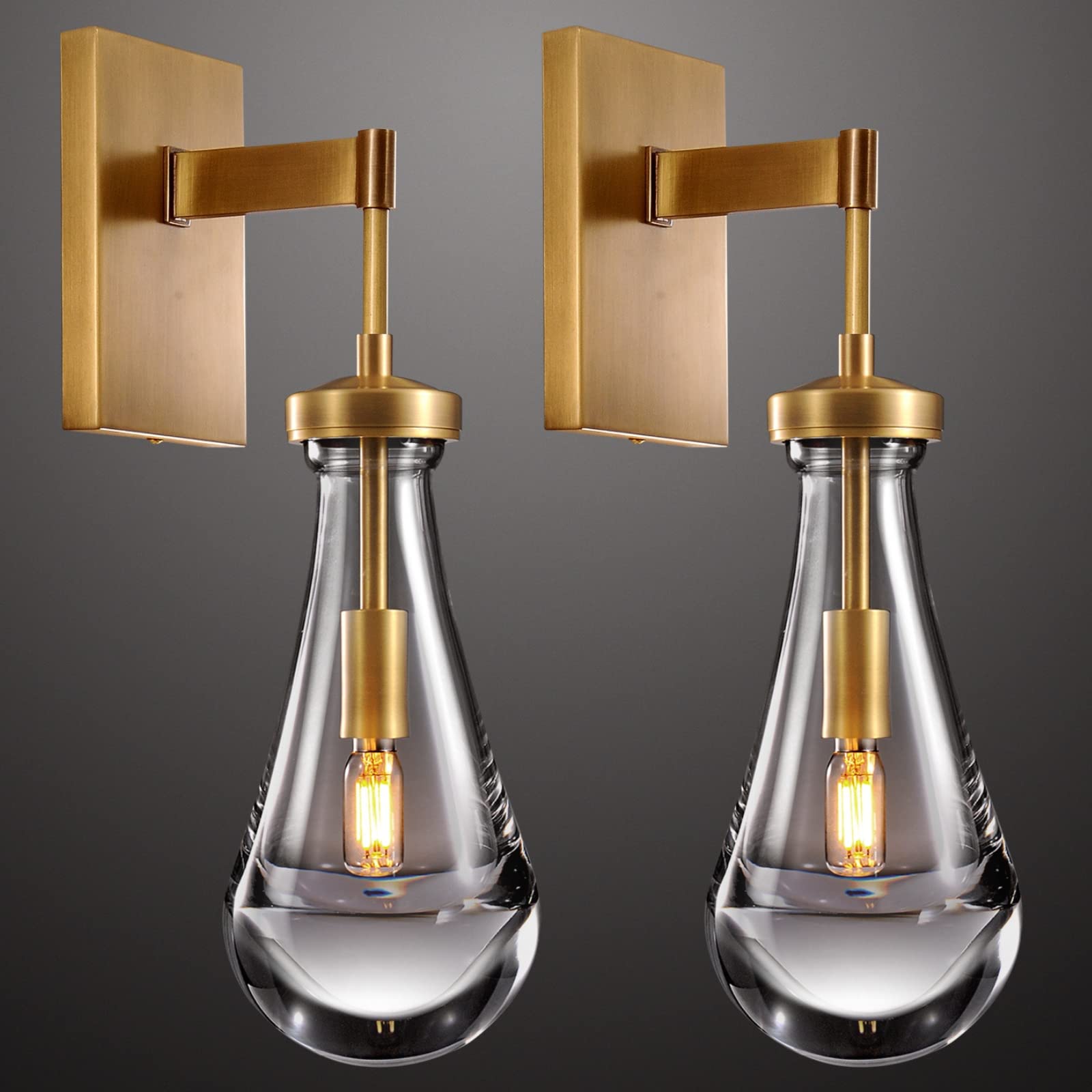 Set of 2 Brass Wall Sconces - Gold Raindrop Wall Lamps with Clear Glass for Stairway, Bedroom & Bathroom Lighting - Includes Bulbs - Perfect for Vanity, Hallway and Luxury Home Decor