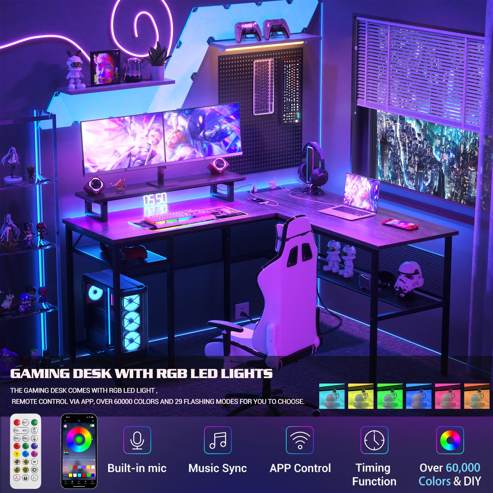 L Shaped Computer Desk with Power Outlets & LED Light - 55 Inch Corner Office Desk with Monitor Stand & Storage - Reversible Gaming Desk in Black Oak - Perfect for Home Office, Gaming Setup & Small Spaces
