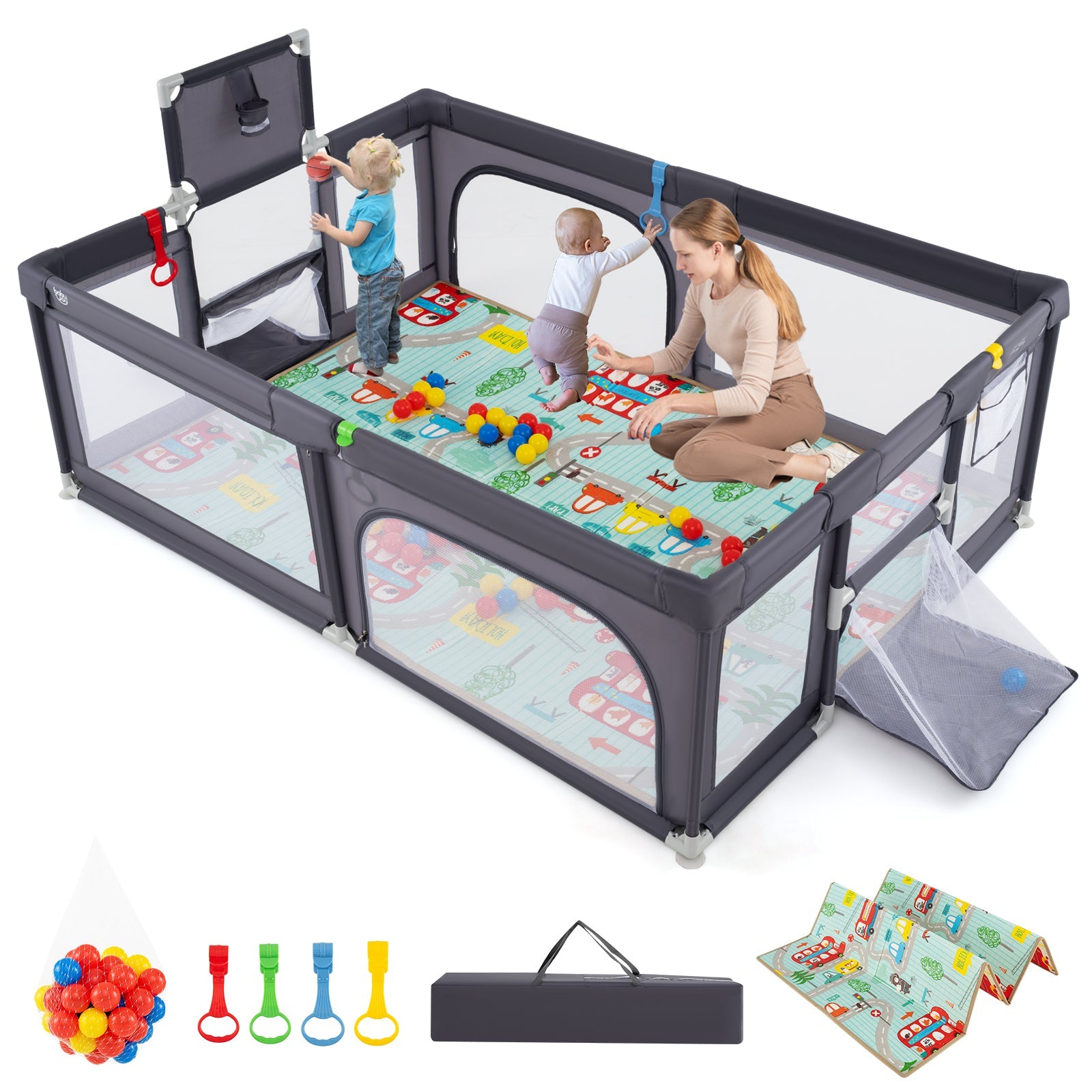 Large Baby Playpen with Mat & Ocean Balls - Dark Gray Safety Play Yard for Toddlers - Perfect for Indoor Playroom, Nursery, or Living Room