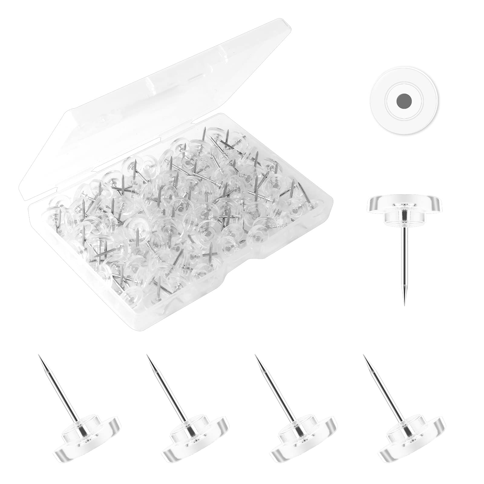 AIEX 100pcs Clear Plastic Push Pins with Steel Point - Thumb Tacks for Cork Board, Bulletin Board & Wall (White) - Perfect for Office, School, Home & DIY Projects