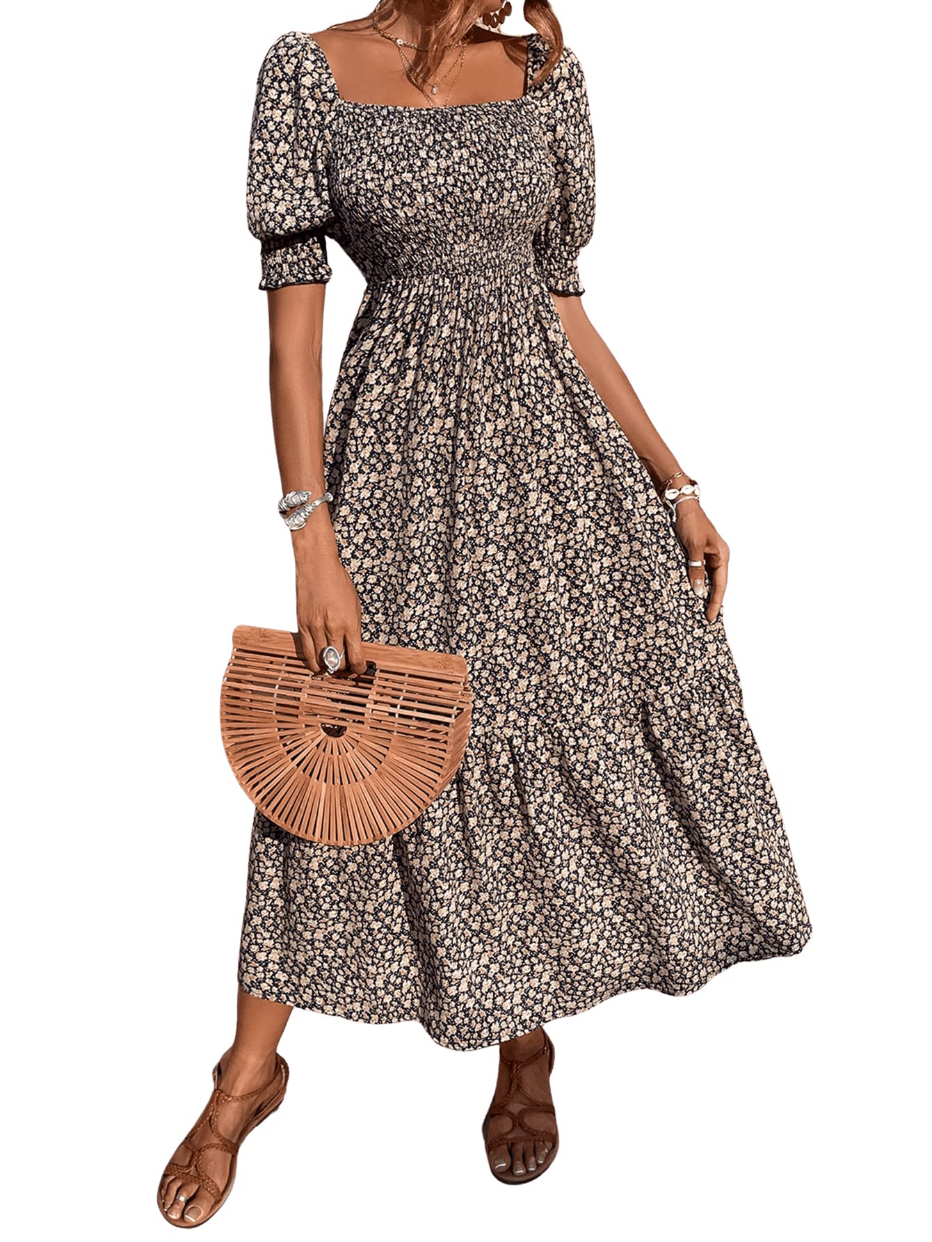 SweatyRocks Women's Floral Boho Dress with Puff Sleeves & Tie Front - Ruched Flared Long Dress for Summer Beach, Vacation & Boho Chic Outfits
