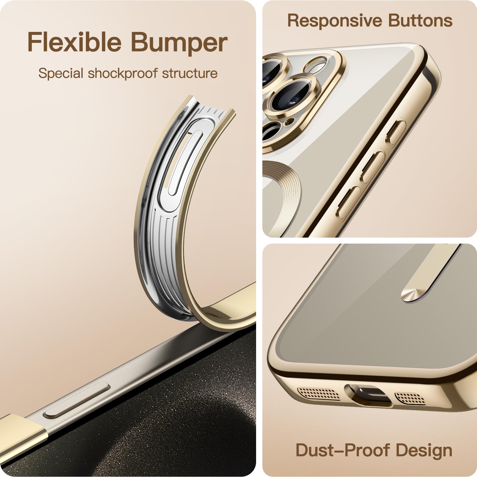 JETech Soft Clear Case for iPhone 15 Pro Max 6.7-Inch | Shockproof TPU Phone Cover with Camera Lens Protection | MagSafe Wireless Charging Compatible | Electroplated Gold Design | Perfect for Everyday Use, Travel & Outdoor Activities