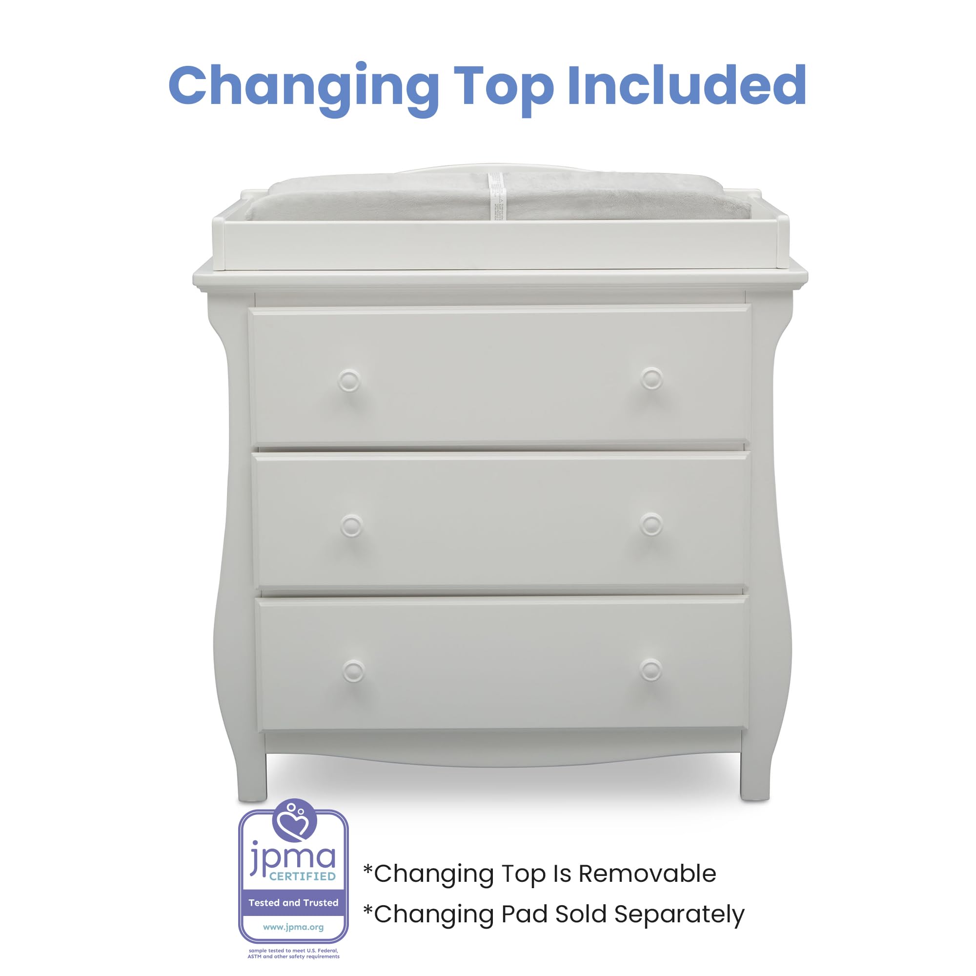 Delta Children Lancaster 3-Drawer Baby Dresser with Changing Table Top | GREENGUARD Gold Certified Nursery Furniture | Safe & Sturdy for Baby's Room (Bianca White) | Perfect for Diaper Changes & Infant Clothing Storage