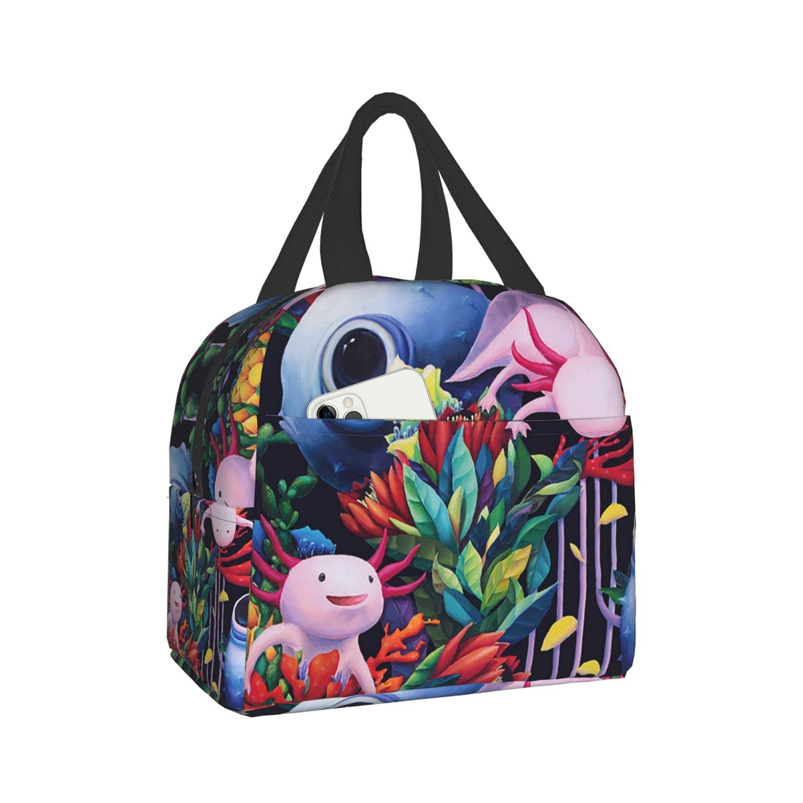 Reusable Axolotl Lunch Bag - Insulated Lunch Box Container for Work, School, Picnic & Travel - Portable Lunch Tote for Adults & Kids - Cute Salamander Design for Office, Gym & Outdoor Activities