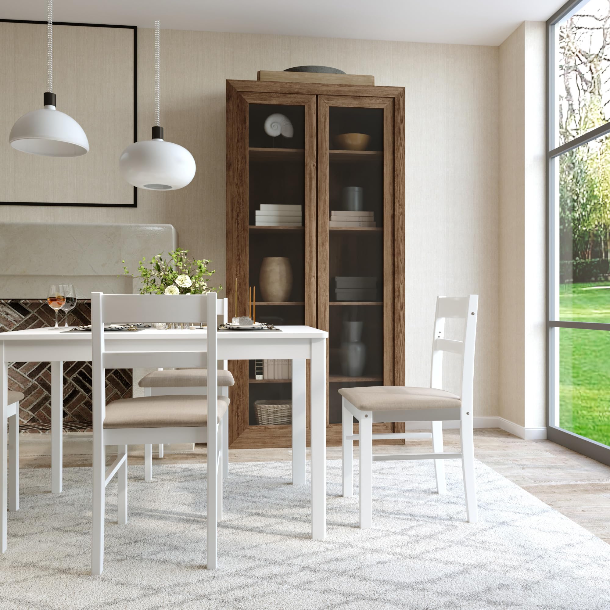 5-Piece Solid Wood Modern Rectangular Dining Table Set for 4 - White Kitchen Table & Chairs with Soft Cushions - Perfect for Dining Room, Breakfast Nook, Small Apartment & Entertaining Guests