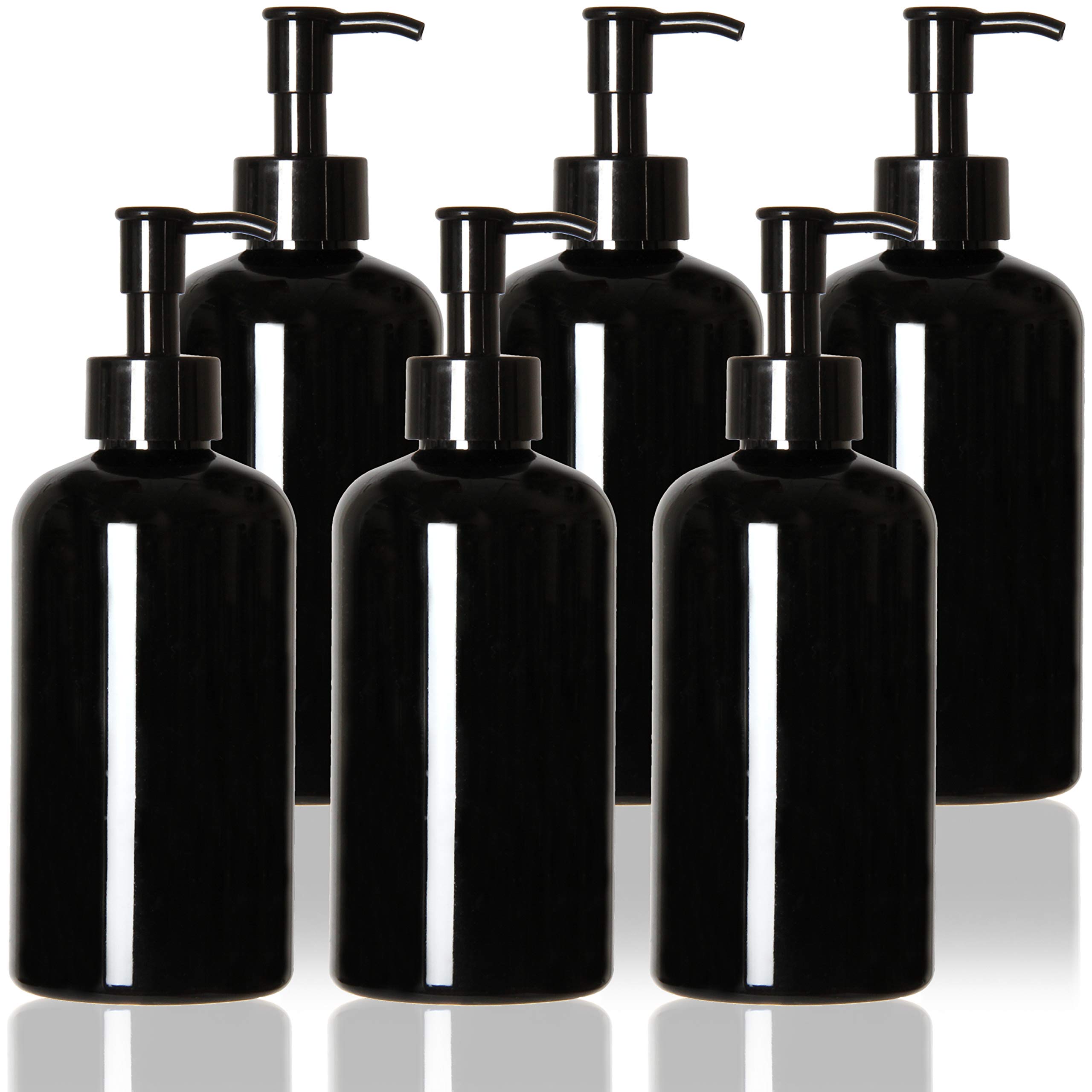 Youngever 6 Pack 12oz Plastic Pump Bottles with Travel Lock - Refillable Leak-Proof Dispensers for Shampoo, Lotion & Liquid Soap - Perfect for Travel, Gym & Home Use (Black)
