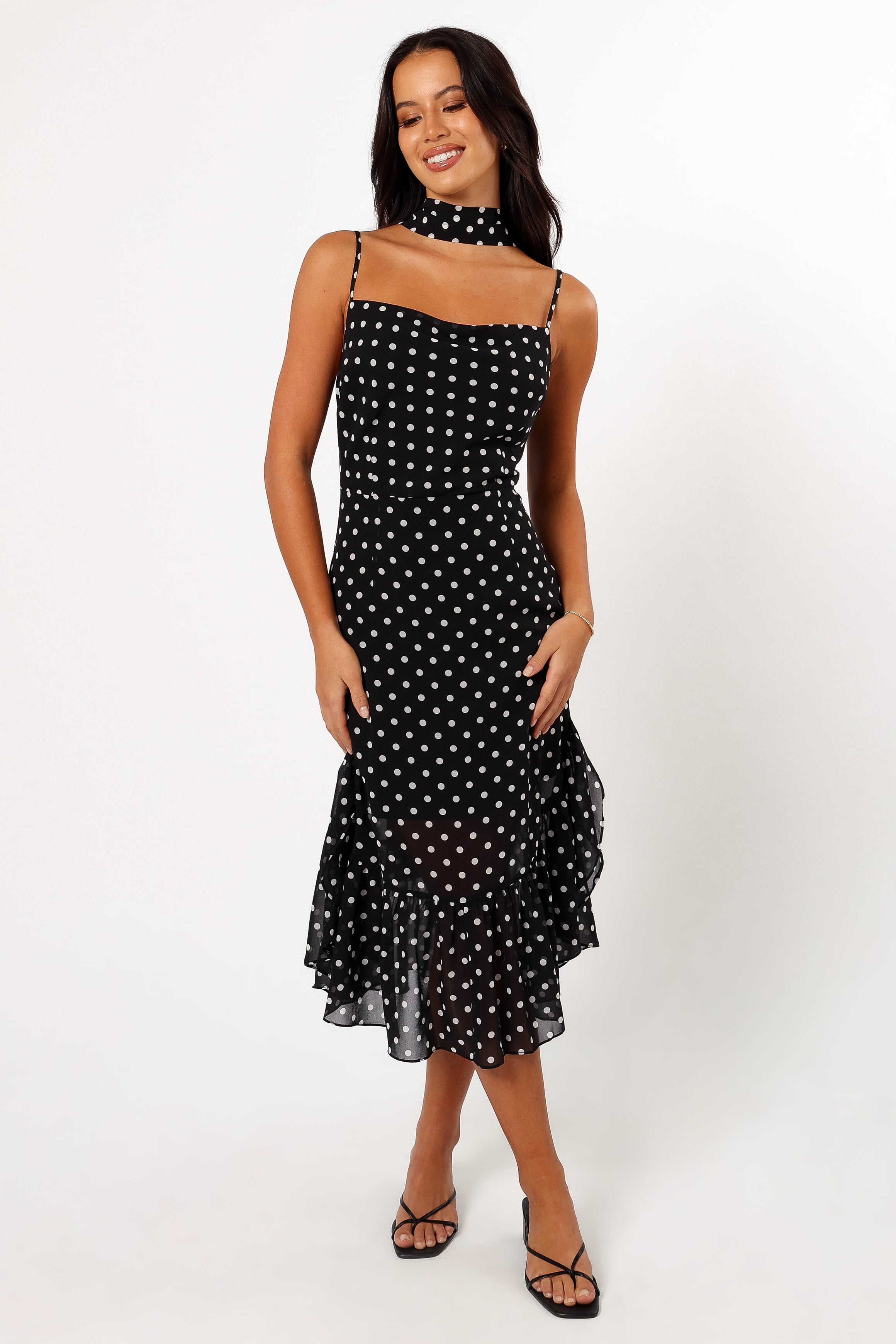 Francesca Black Polka Dot Midi Dress - Elegant Floral Print Party & Cocktail Dress for Women's Evening Events, Date Night & Special Occasions